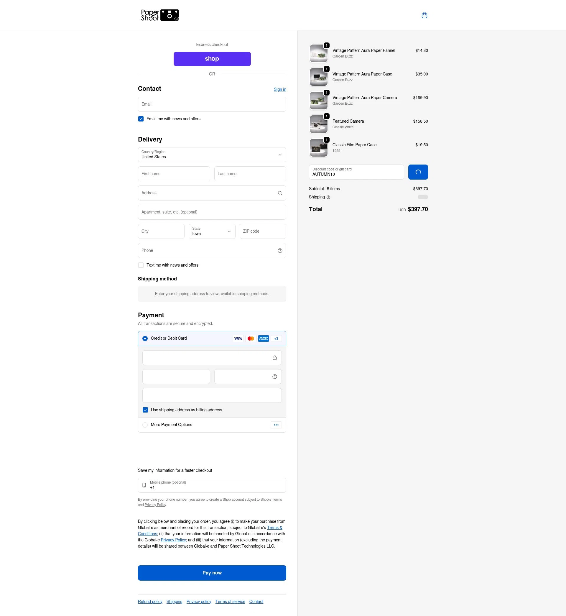 Paper Shoot checkout page showing Paper Shoot discount code box | Screenshot taken by SimplyCodes community member on Feb 9, 2026