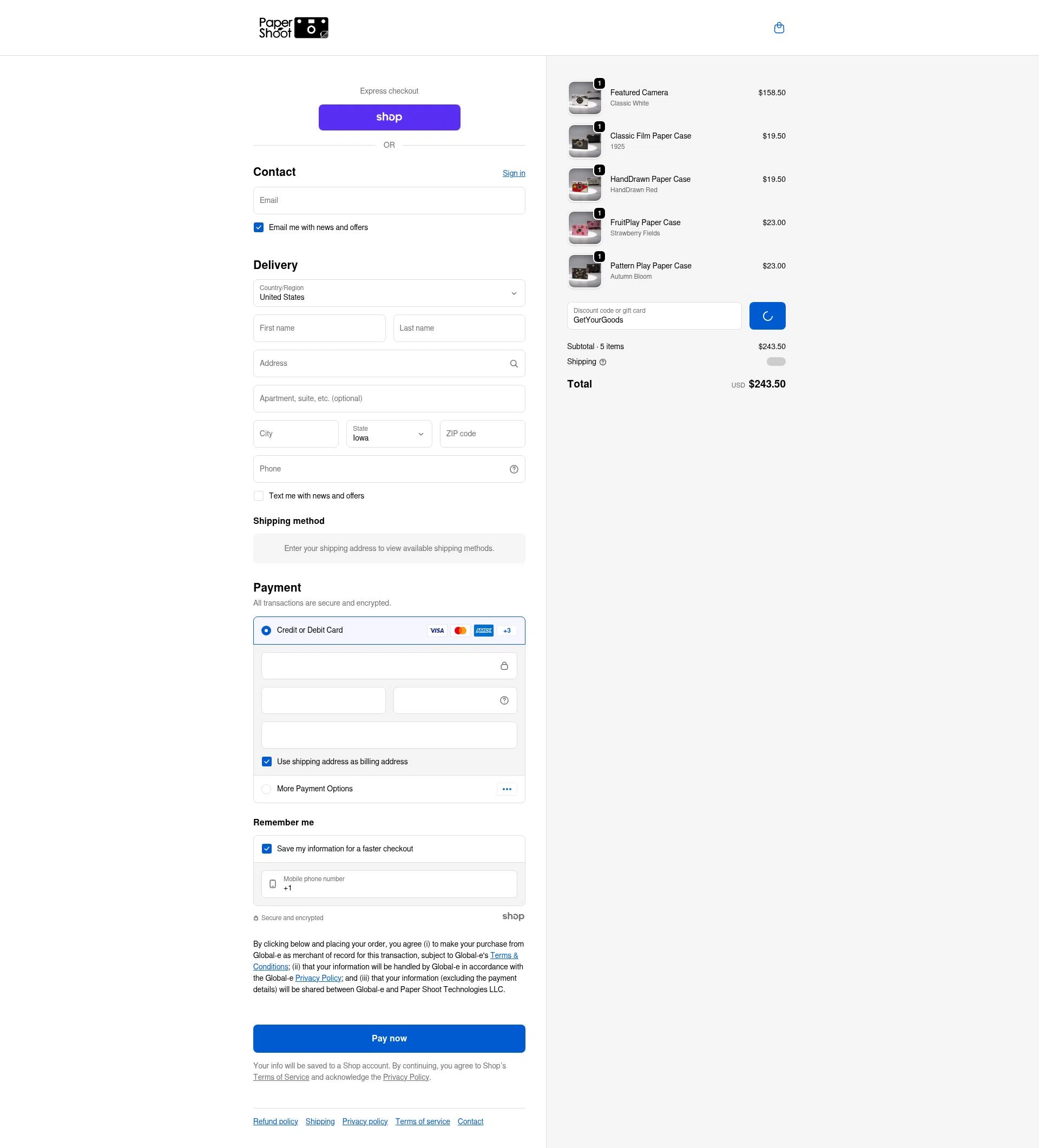 Paper Shoot checkout page showing Paper Shoot discount code box | Screenshot taken by SimplyCodes community member on Jan 27, 2026