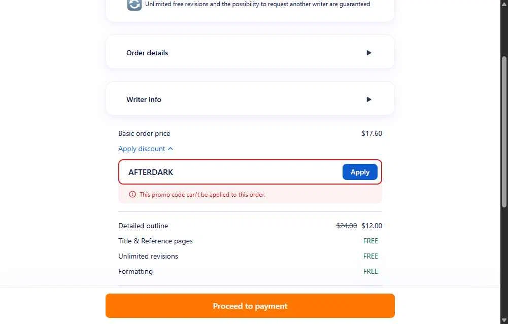 Papersowl checkout page showing Papersowl promo code box | Screenshot taken by SimplyCodes community member on Nov 16, 2025
