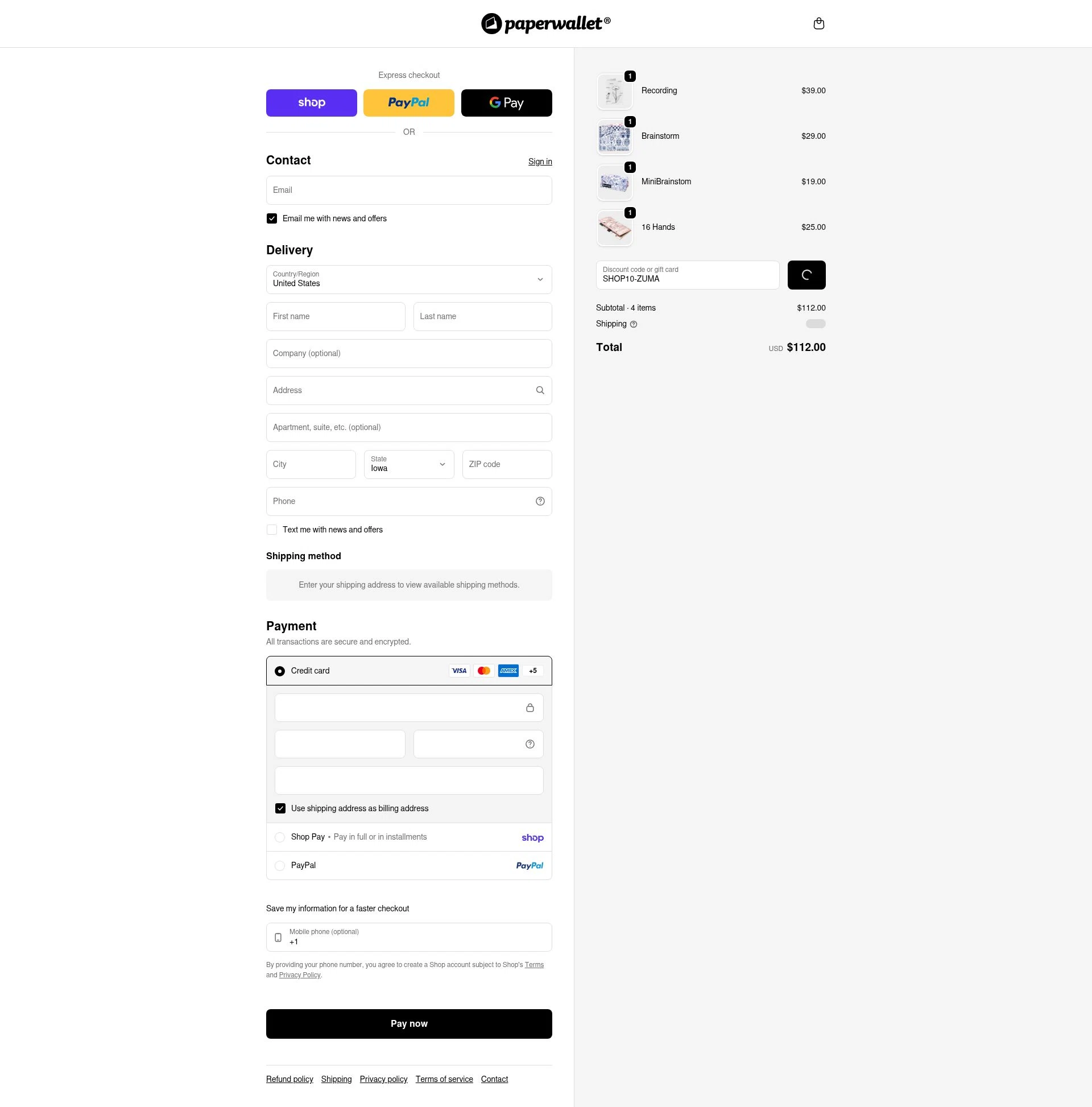 Paperwallet checkout page showing Paperwallet discount code box | Screenshot taken by SimplyCodes community member on Feb 9, 2026