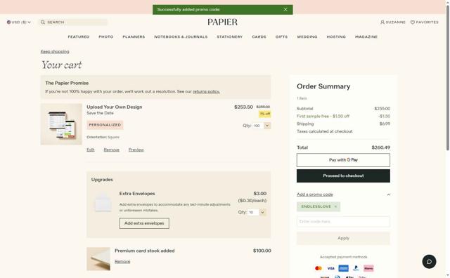 Papier checkout page showing Papier promo code box | Screenshot taken by SimplyCodes community member on Sep 2, 2025