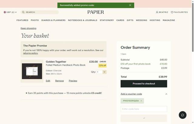 Papier checkout page showing Papier promo code box | Screenshot taken by SimplyCodes community member on Sep 6, 2025