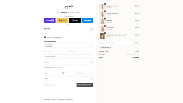 Papinelle checkout page showing Papinelle discount code box | Screenshot taken by SimplyCodes community member on Aug 27, 2025