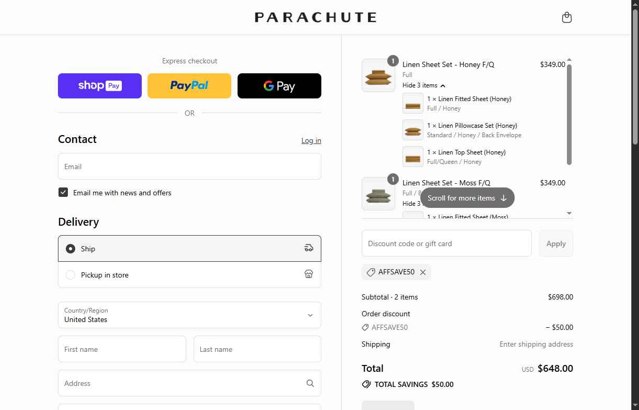 Parachute Home checkout page showing Parachute Home discount code box | Screenshot taken by SimplyCodes community member on Jul 2, 2025