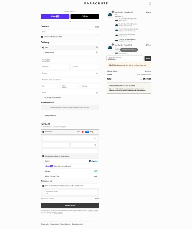 Parachute Home checkout page showing Parachute Home discount code box | Screenshot taken by SimplyCodes community member on Jun 3, 2025