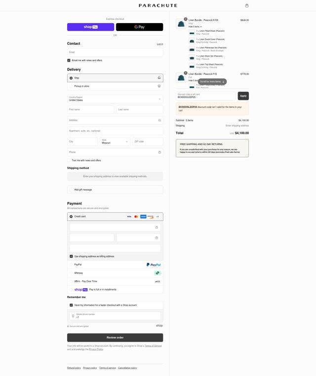 Parachute Home checkout page showing Parachute Home discount code box | Screenshot taken by SimplyCodes community member on Jun 3, 2025