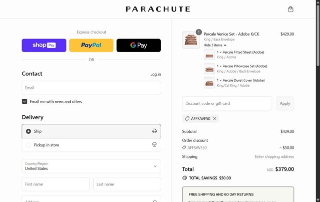 Parachute Home checkout page showing Parachute Home discount code box | Screenshot taken by SimplyCodes community member on Jul 2, 2025
