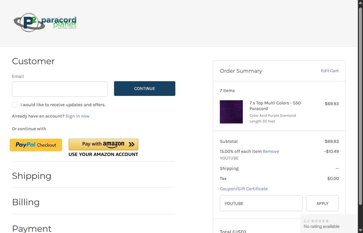 Paracord Planet checkout page showing Paracord Planet coupon code box | Screenshot taken by SimplyCodes community member on Aug 26, 2025