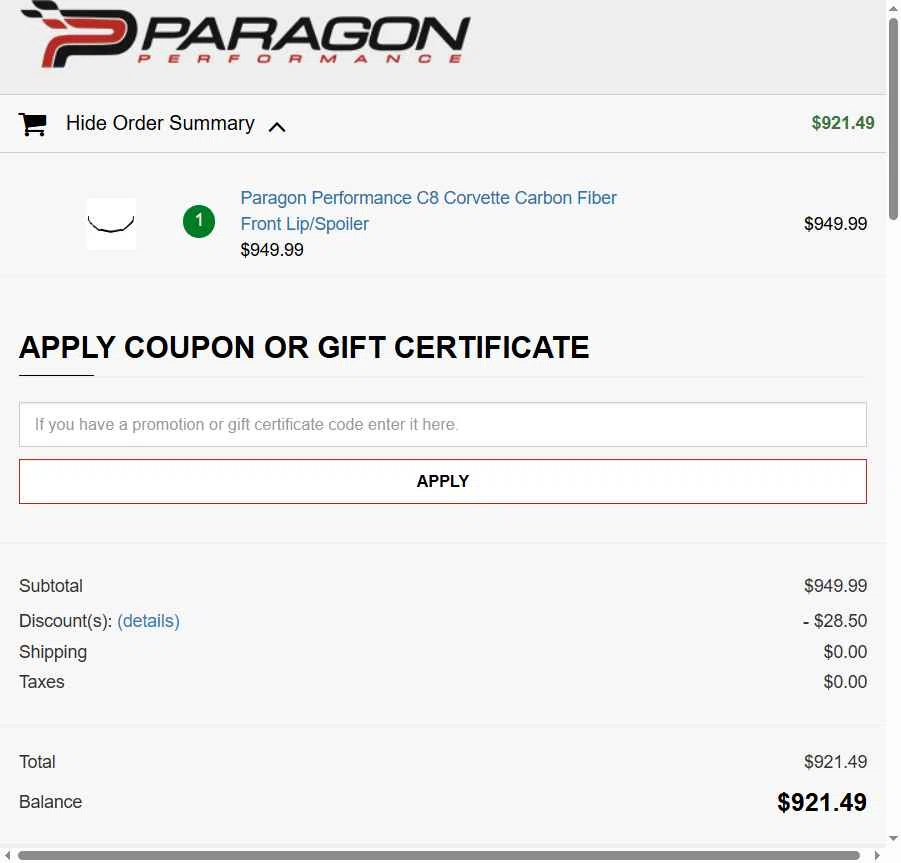 Paragon Performance checkout page showing Paragon Performance coupon code box | Screenshot taken by SimplyCodes community member on Dec 5, 2025