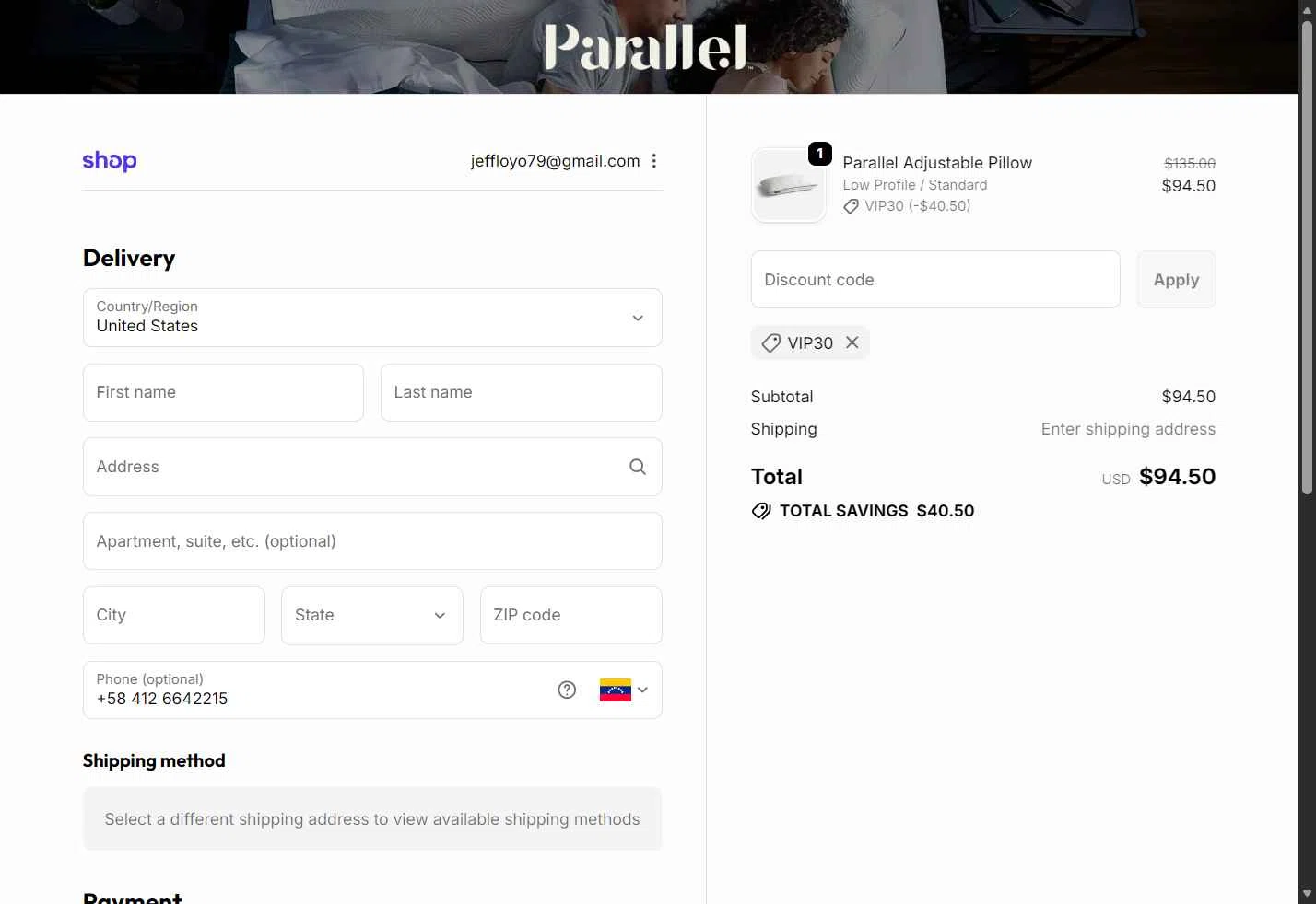 Parallel Sleep checkout page showing Parallel Sleep promo code box | Screenshot taken by SimplyCodes community member on Nov 5, 2025