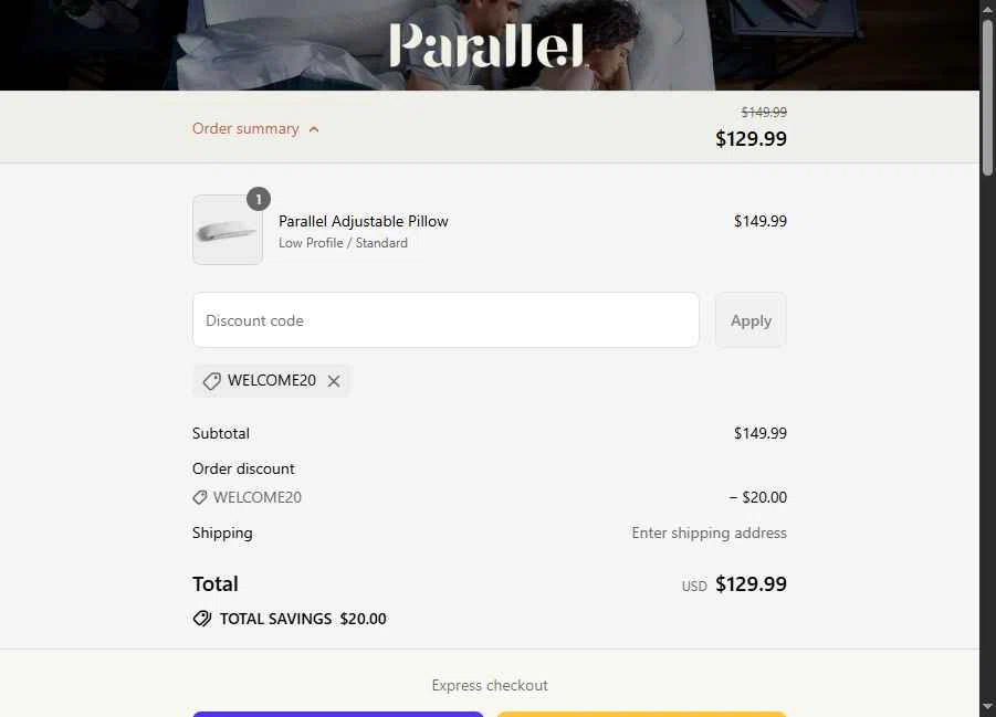 Parallel Sleep checkout page showing Parallel Sleep promo code box | Screenshot taken by SimplyCodes community member on Aug 17, 2025