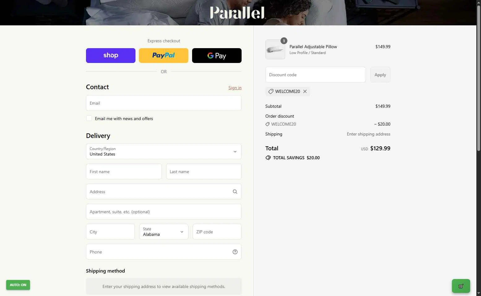 Parallel Sleep checkout page showing Parallel Sleep promo code box | Screenshot taken by SimplyCodes community member on Sep 15, 2025