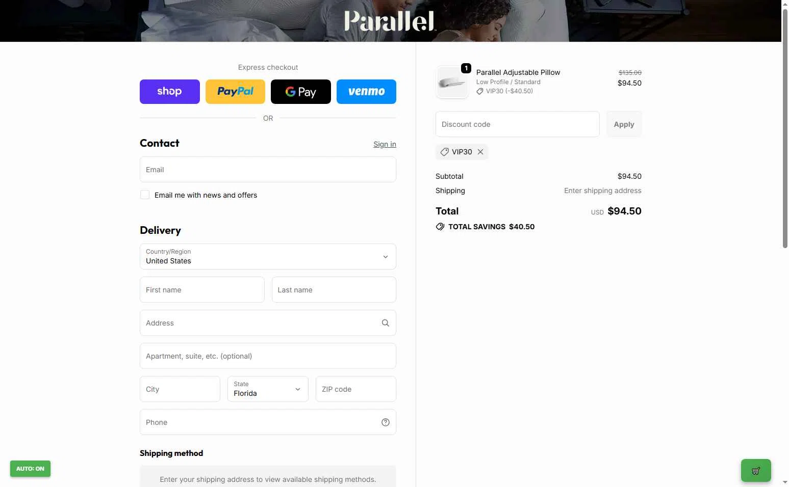 Parallel Sleep checkout page showing Parallel Sleep promo code box | Screenshot taken by SimplyCodes community member on Nov 5, 2025