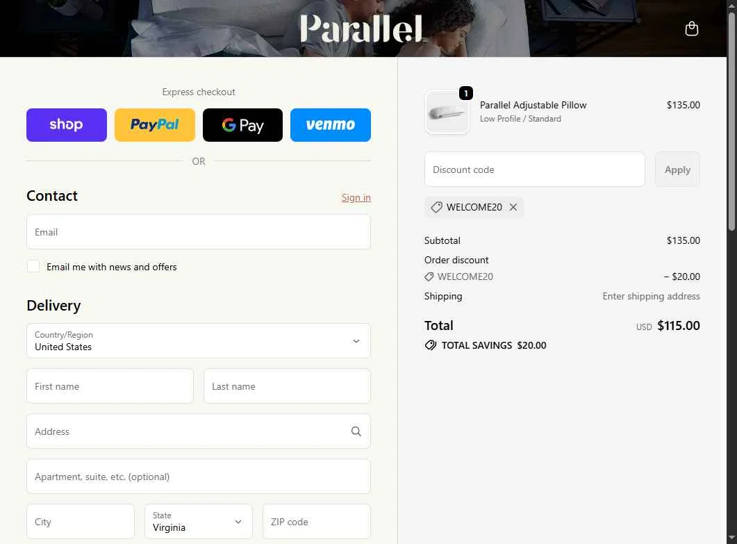 Parallel Sleep checkout page showing Parallel Sleep promo code box | Screenshot taken by SimplyCodes community member on Oct 14, 2025