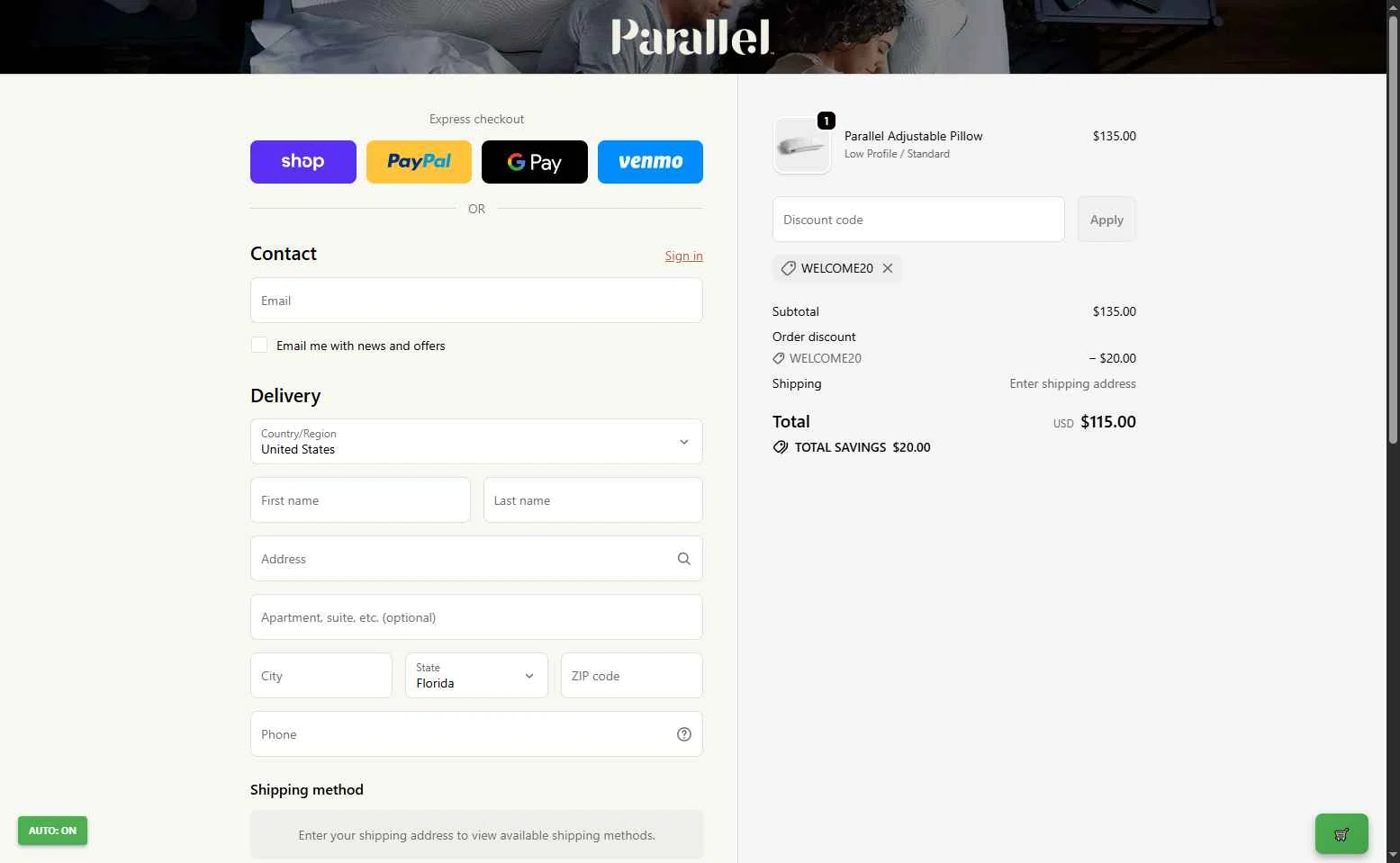 Parallel Sleep checkout page showing Parallel Sleep promo code box | Screenshot taken by SimplyCodes community member on Oct 14, 2025
