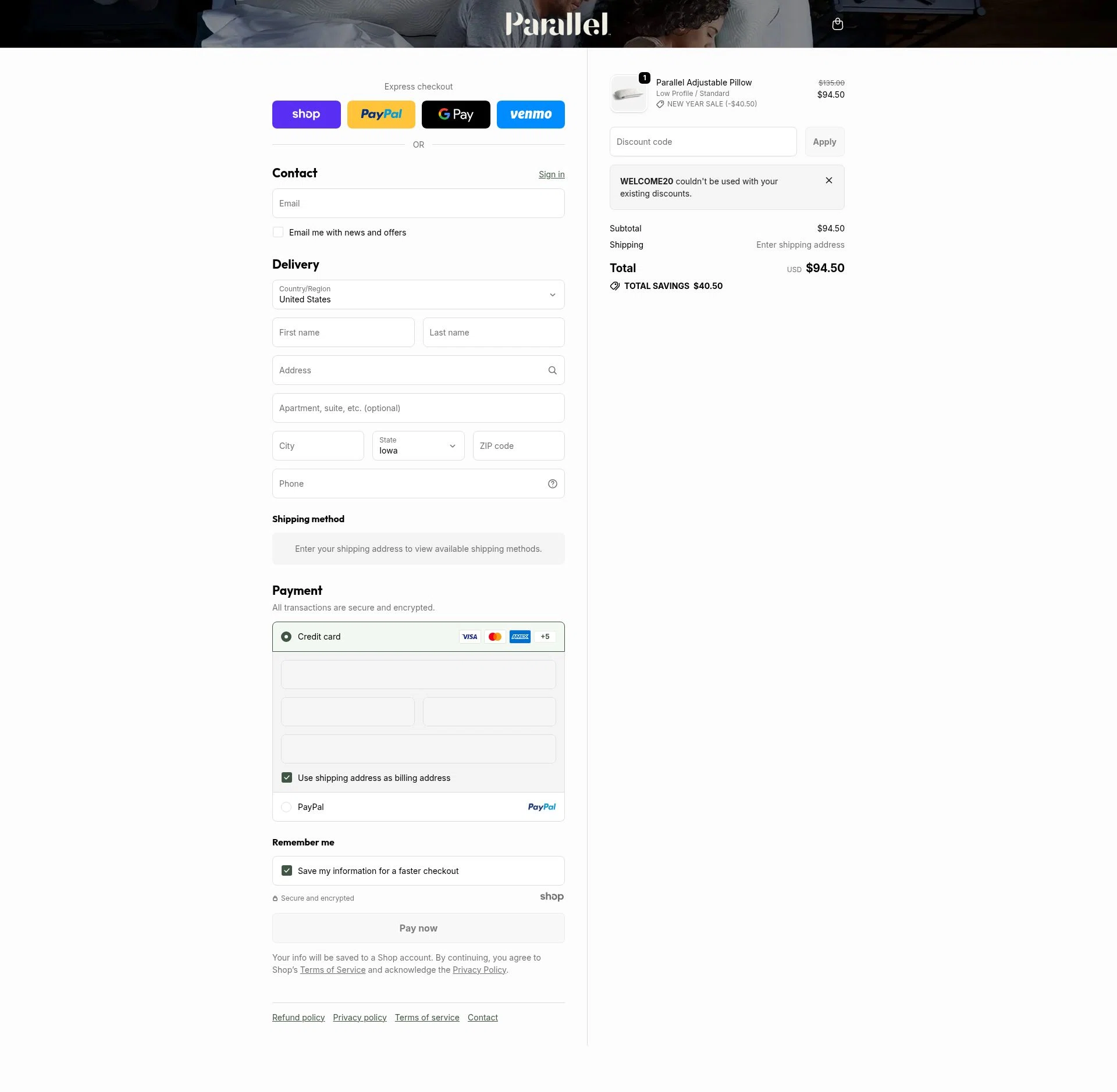 Parallel Sleep checkout page showing Parallel Sleep promo code box | Screenshot taken by SimplyCodes community member on Jan 7, 2026