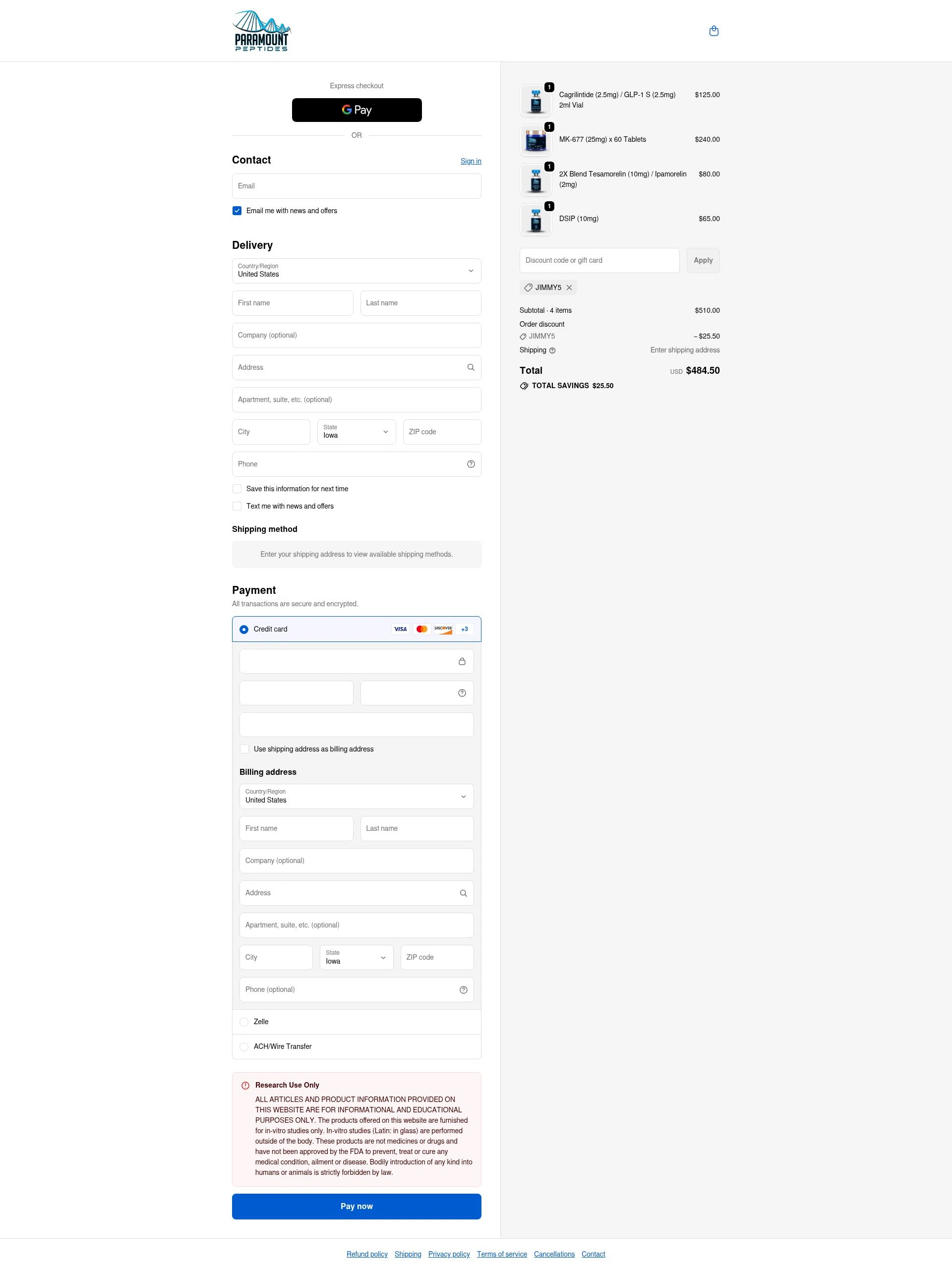 Paramount Peptides checkout page showing Paramount Peptides discount code box | Screenshot taken by SimplyCodes community member on Nov 14, 2025