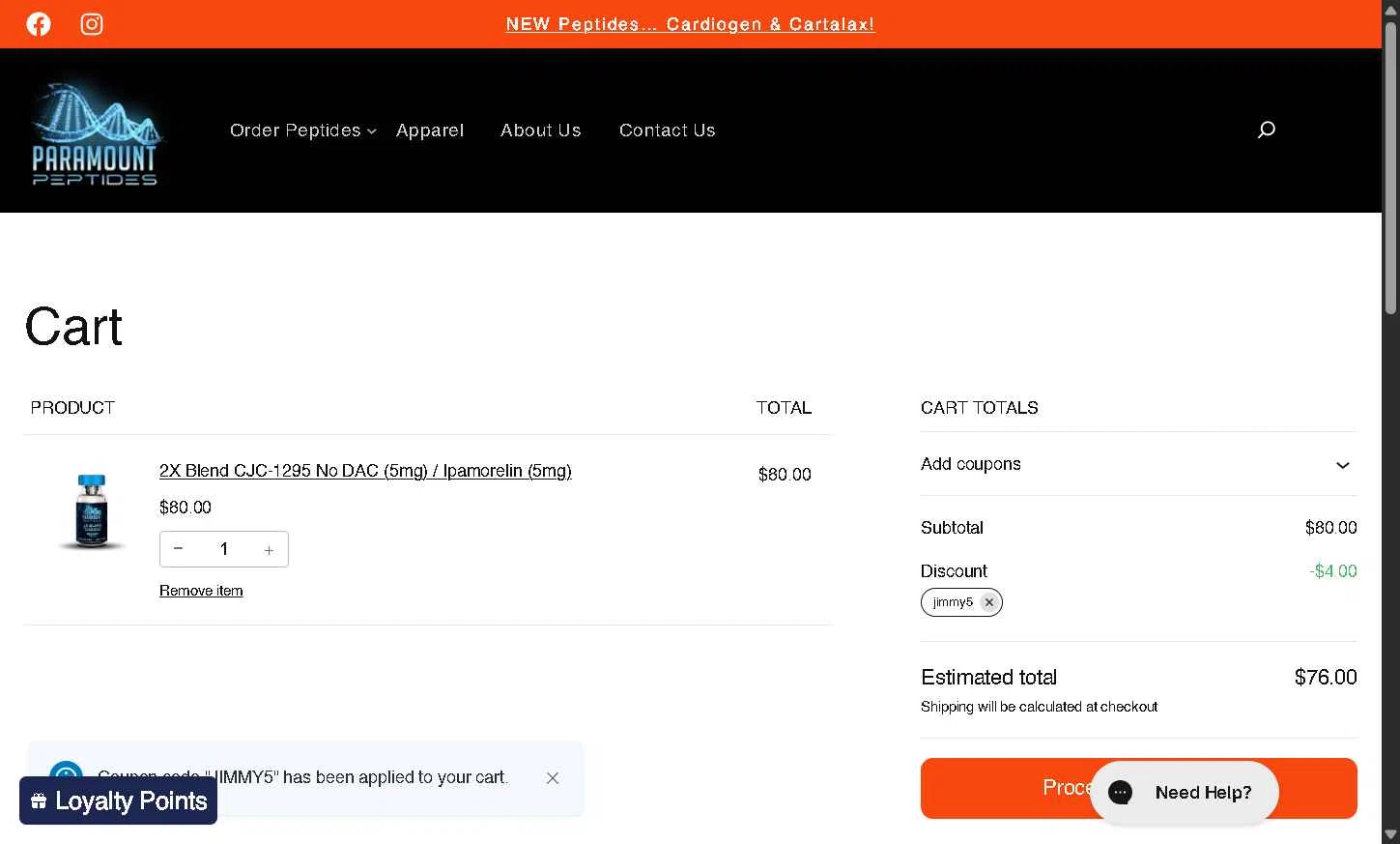 Paramount Peptides checkout page showing Paramount Peptides discount code box | Screenshot taken by SimplyCodes community member on Dec 29, 2025