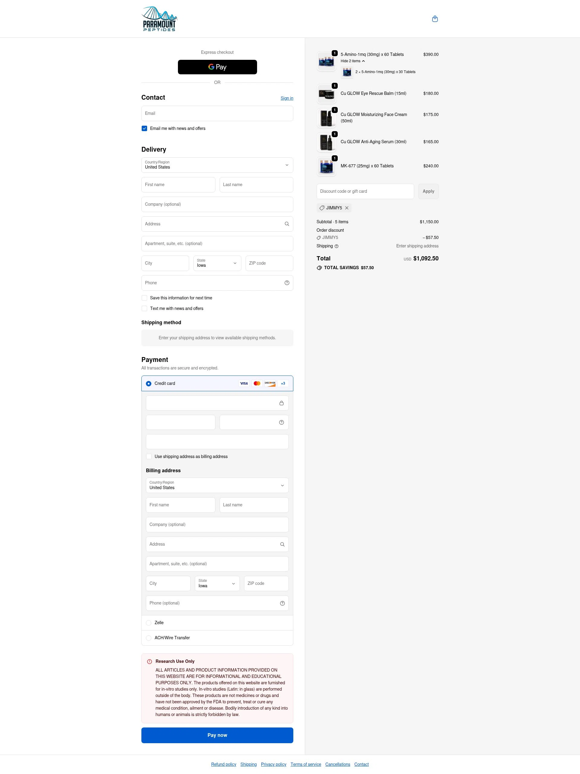 Paramount Peptides checkout page showing Paramount Peptides discount code box | Screenshot taken by SimplyCodes community member on Nov 20, 2025