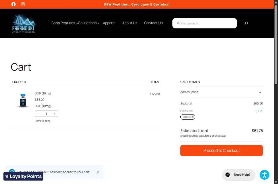 Paramount Peptides checkout page showing Paramount Peptides discount code box | Screenshot taken by SimplyCodes community member on Jan 11, 2026