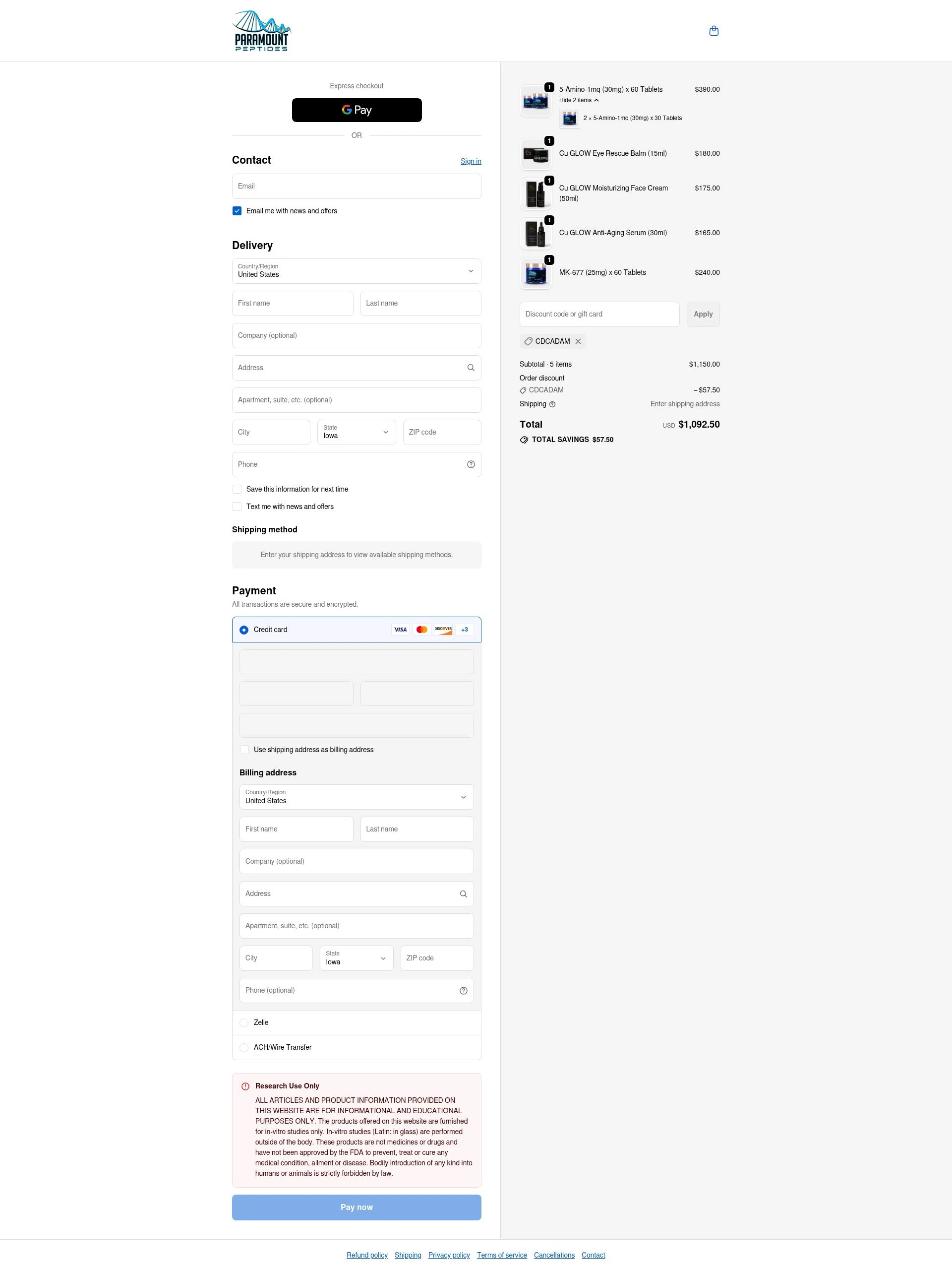 Paramount Peptides checkout page showing Paramount Peptides discount code box | Screenshot taken by SimplyCodes community member on Nov 20, 2025
