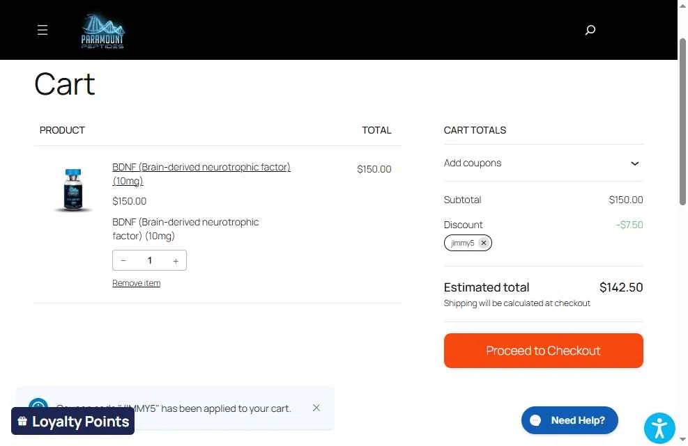 Paramount Peptides checkout page showing Paramount Peptides discount code box | Screenshot taken by SimplyCodes community member on Jan 27, 2026