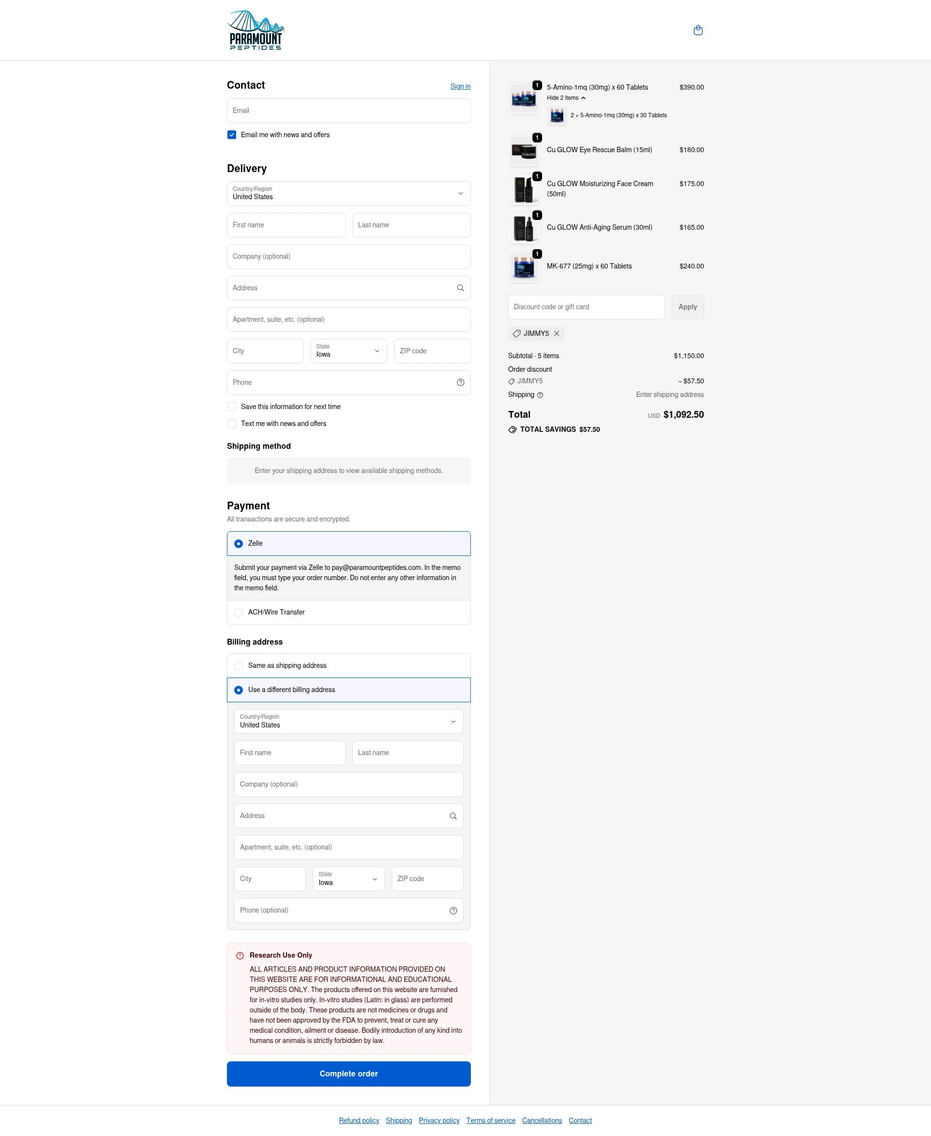 Paramount Peptides checkout page showing Paramount Peptides discount code box | Screenshot taken by SimplyCodes community member on Nov 30, 2025