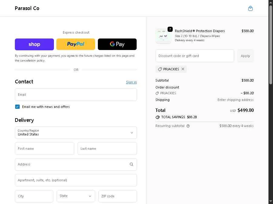 Parasol Co checkout page showing Parasol Co promo code box | Screenshot taken by SimplyCodes community member on Jan 3, 2026