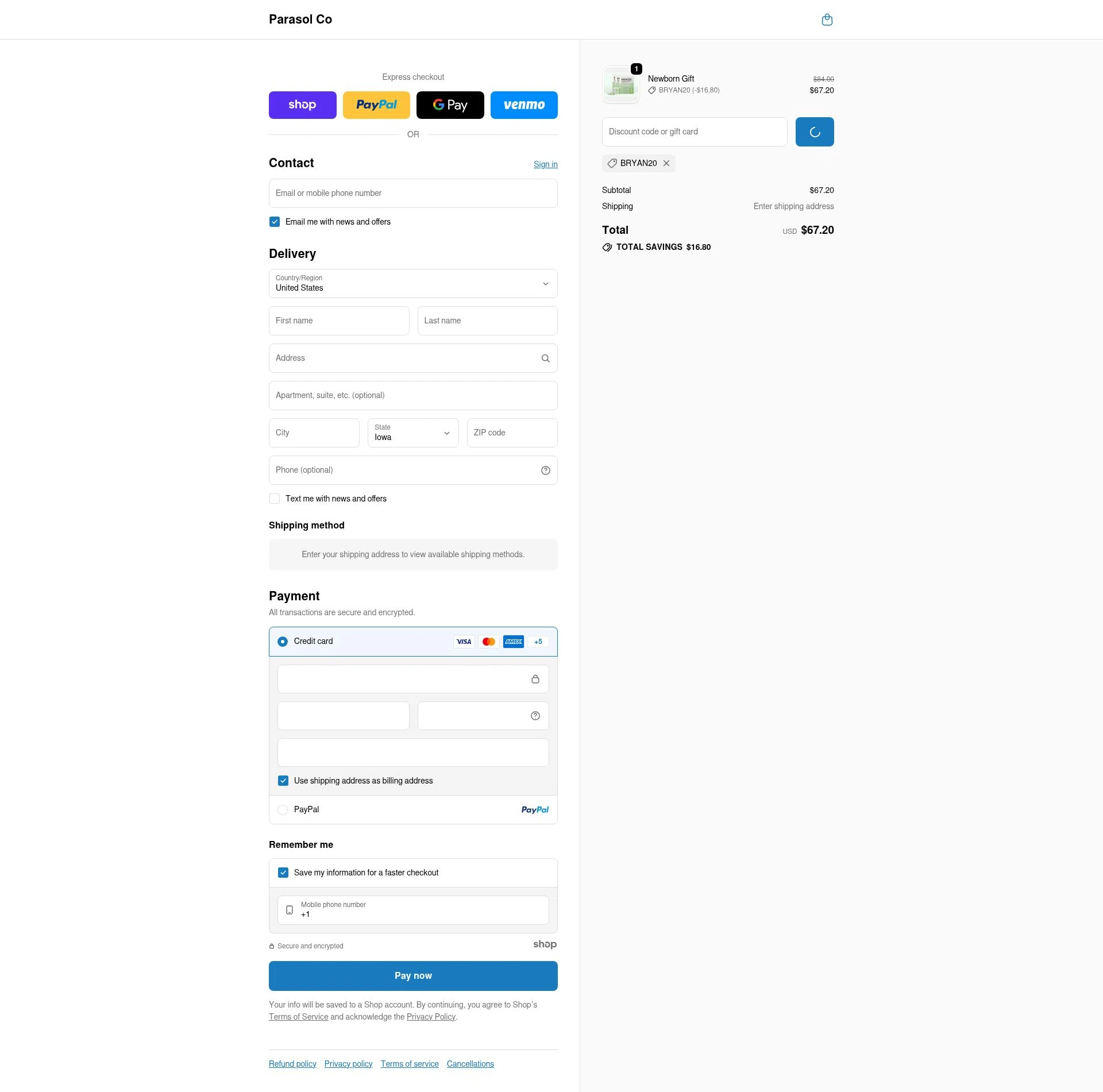 Parasol Co checkout page showing Parasol Co promo code box | Screenshot taken by SimplyCodes community member on Jan 6, 2026