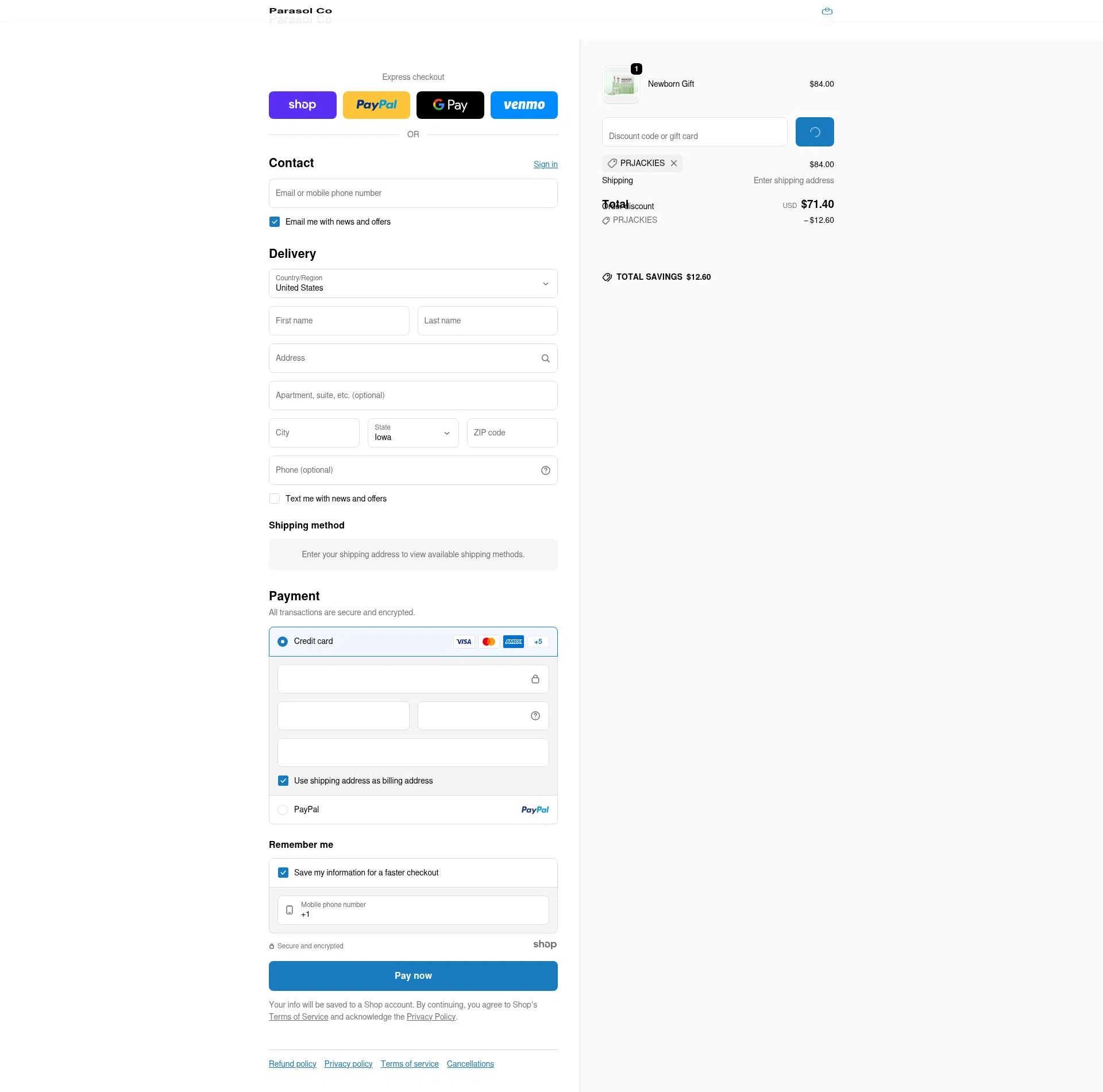 Parasol Co checkout page showing Parasol Co promo code box | Screenshot taken by SimplyCodes community member on Jan 3, 2026
