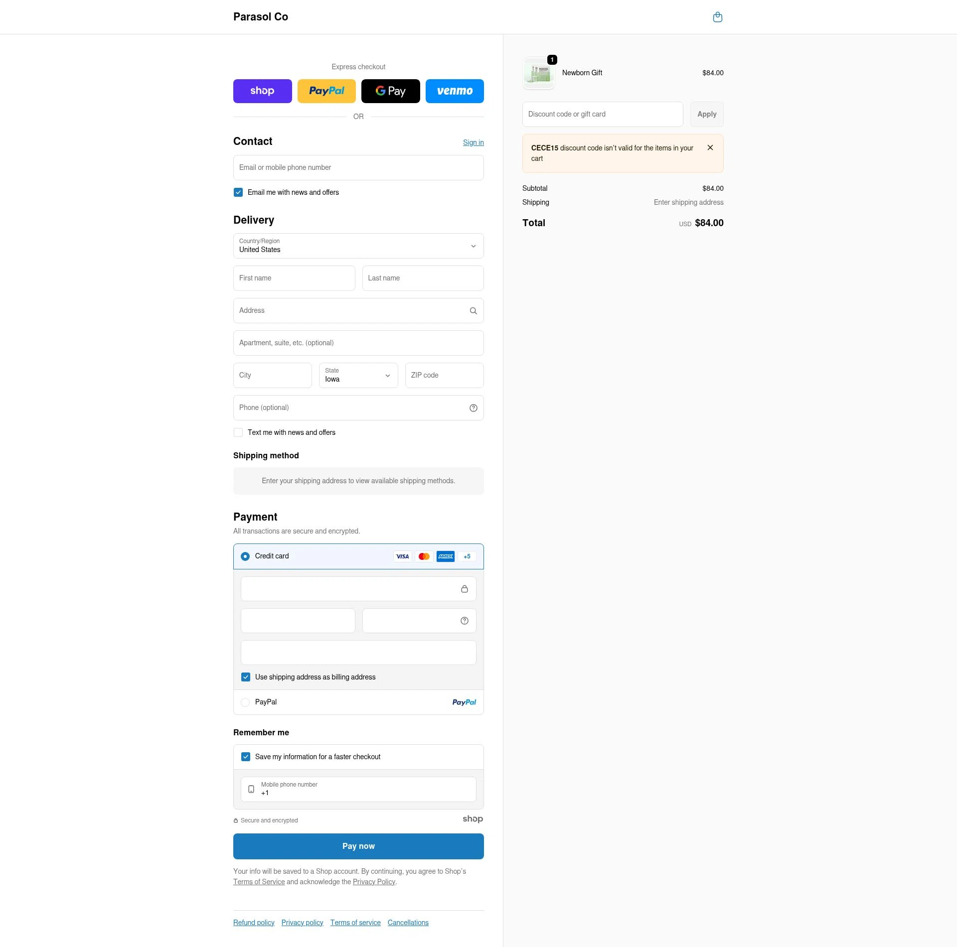 Parasol Co checkout page showing Parasol Co promo code box | Screenshot taken by SimplyCodes community member on Jan 3, 2026
