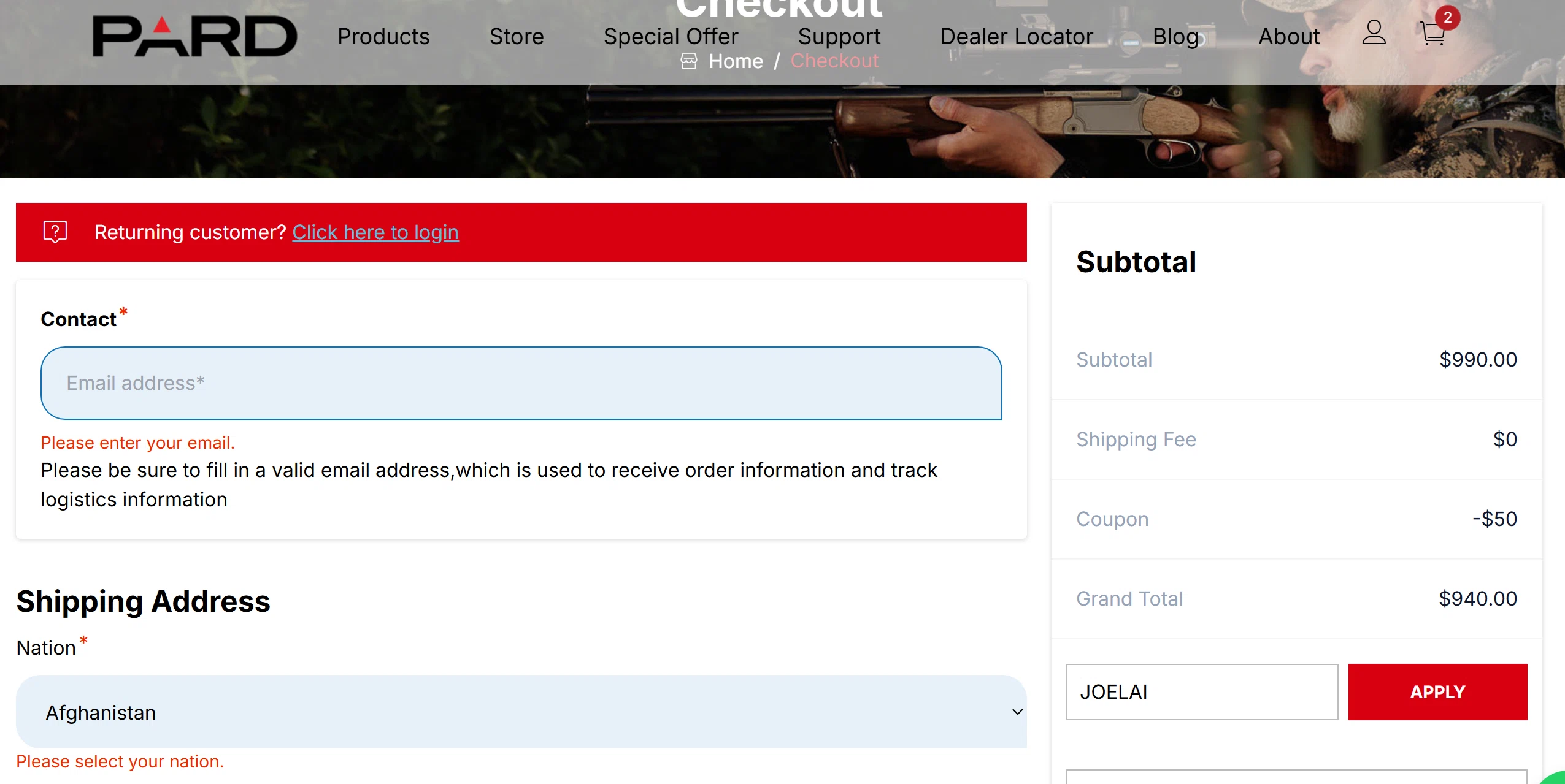 PARD coupon code screenshot showing code JOELAI applied at PARD checkout page. Uploaded by SimplyCodes community member GloriousWarden on Oct 30, 2025