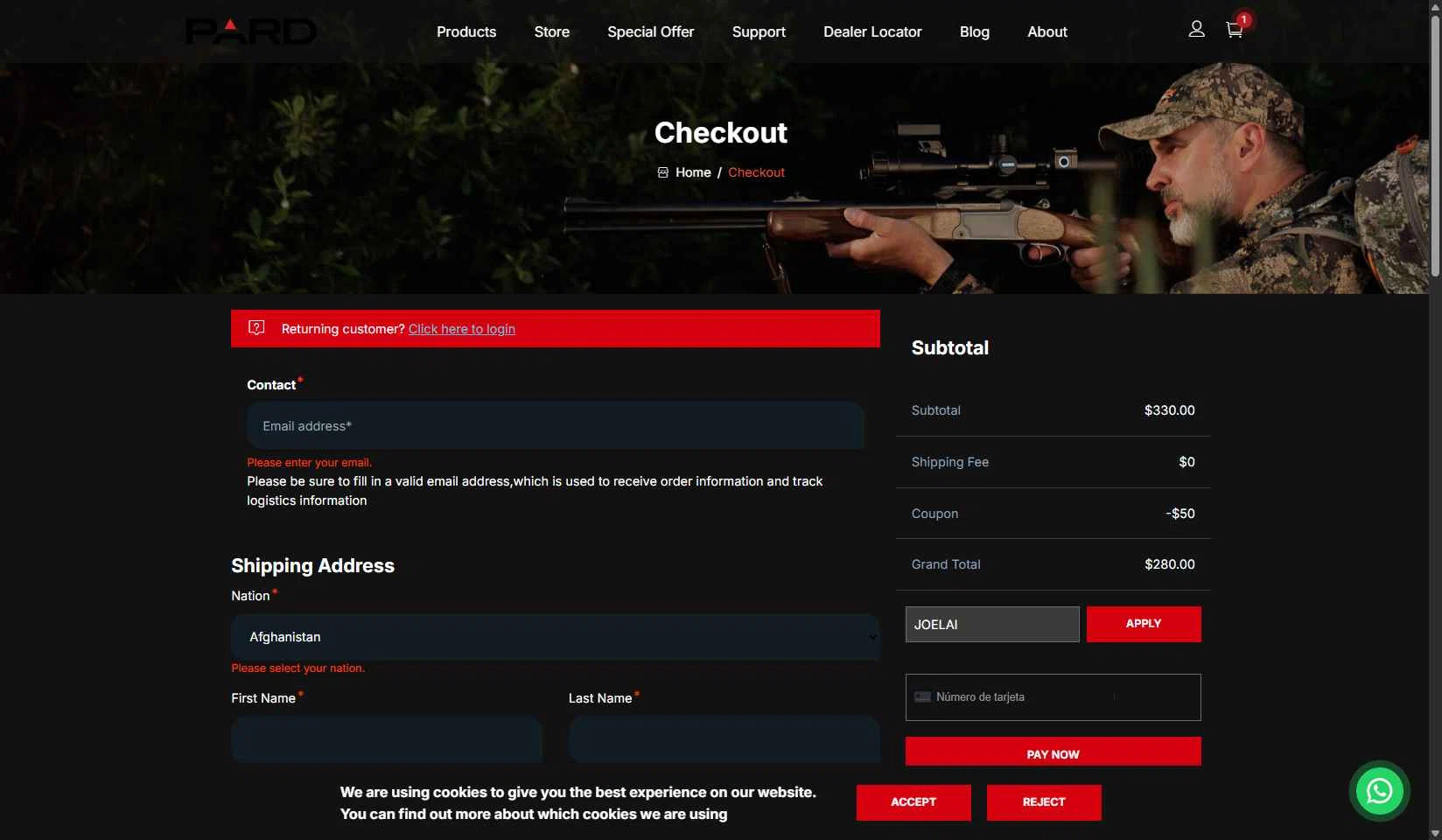 PARD checkout page showing PARD coupon code box | Screenshot taken by SimplyCodes community member on Oct 31, 2025