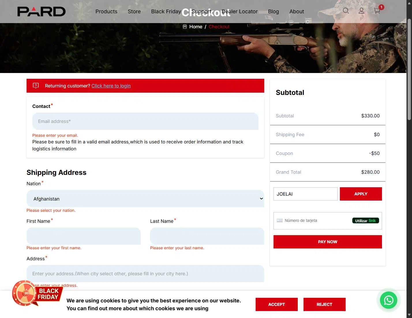PARD checkout page showing PARD coupon code box | Screenshot taken by SimplyCodes community member on Nov 30, 2025