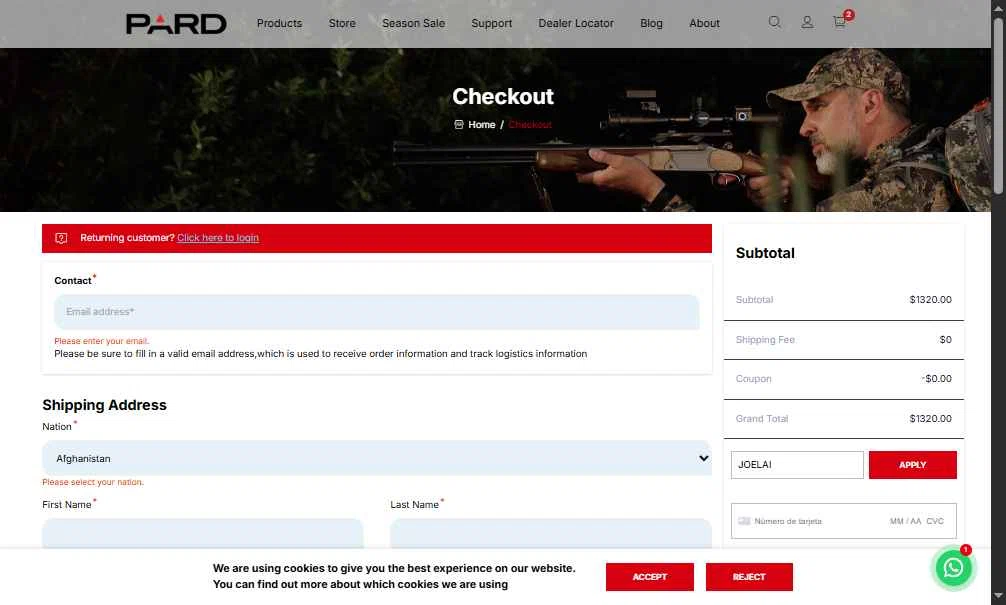 PARD checkout page showing PARD coupon code box | Screenshot taken by SimplyCodes community member on Dec 30, 2025