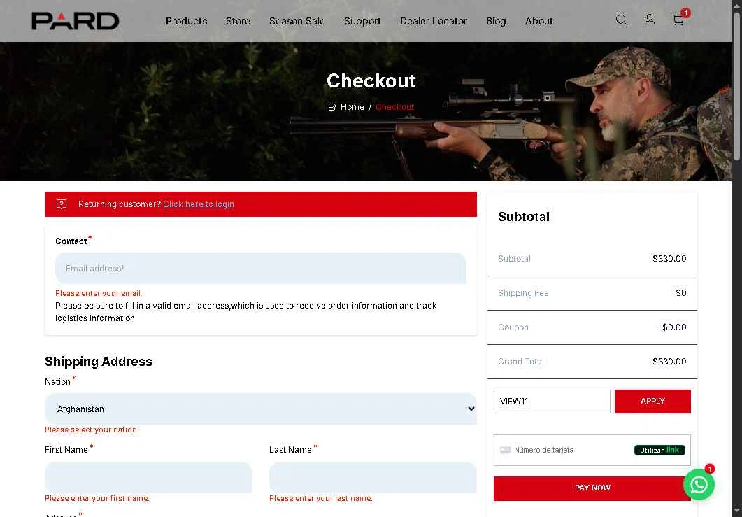 PARD checkout page showing PARD coupon code box | Screenshot taken by SimplyCodes community member on Jan 1, 2026