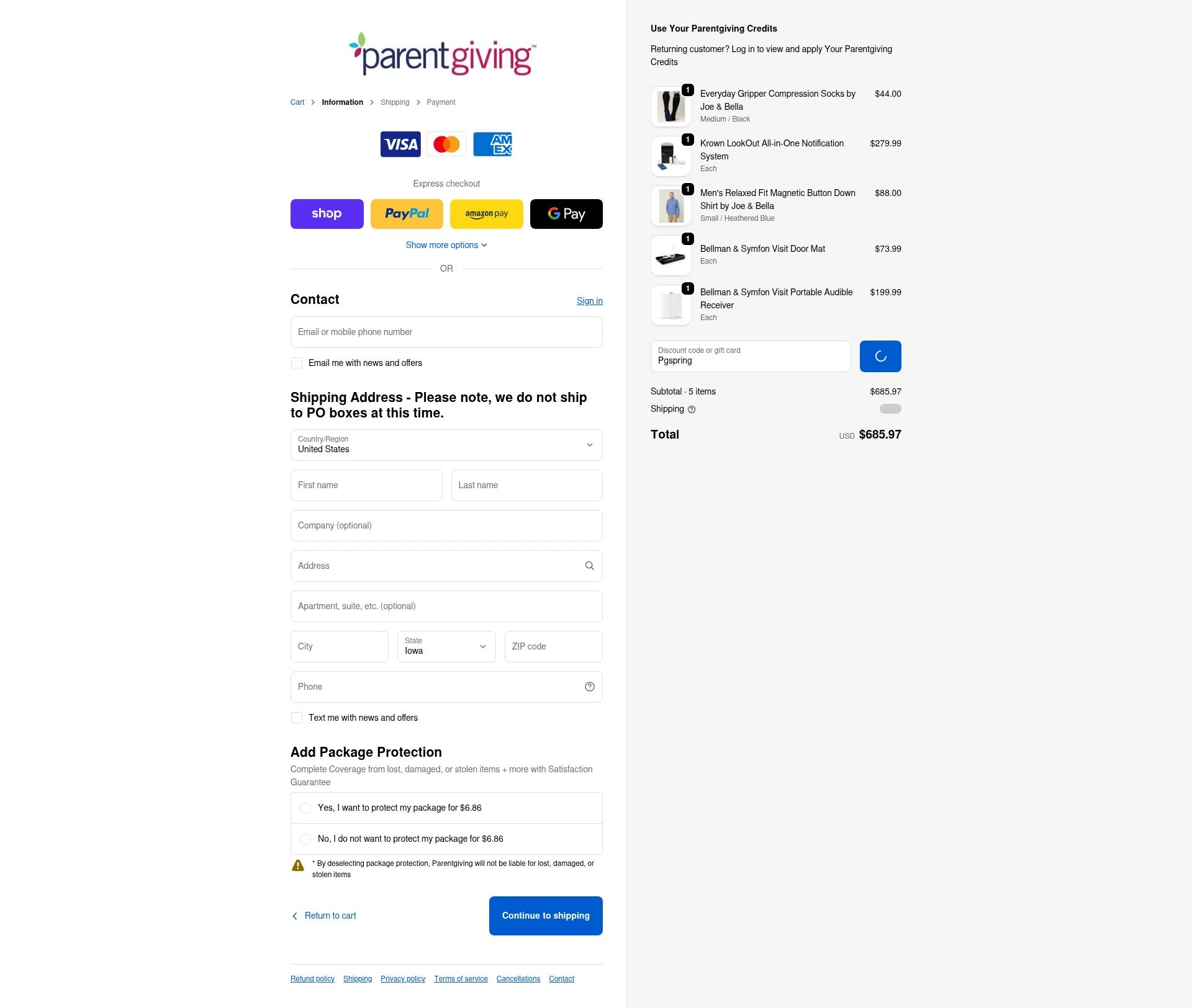 Parentgiving checkout page showing Parentgiving promo code box | Screenshot taken by SimplyCodes community member on Feb 5, 2026