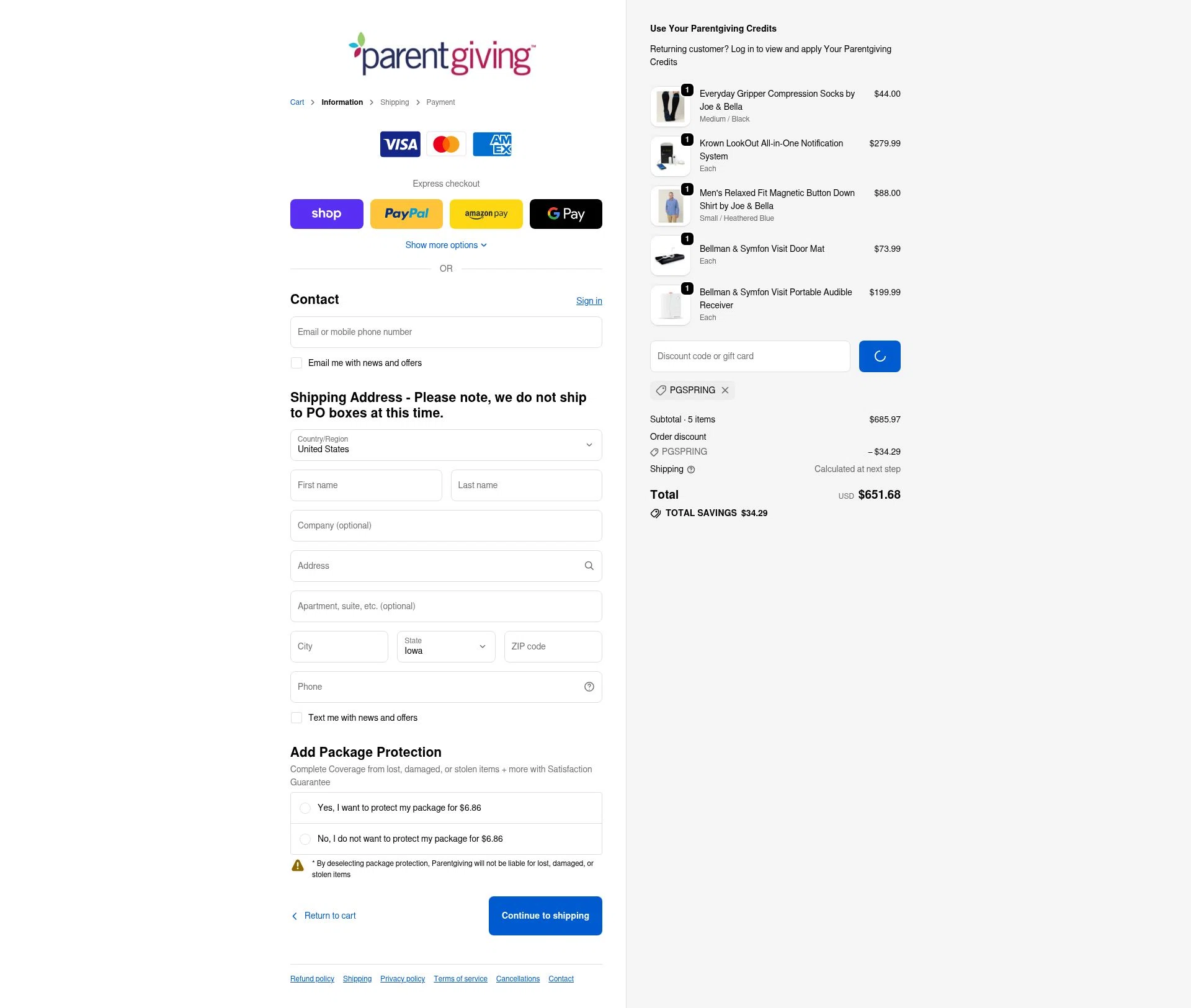 Parentgiving checkout page showing Parentgiving promo code box | Screenshot taken by SimplyCodes community member on Jan 31, 2026