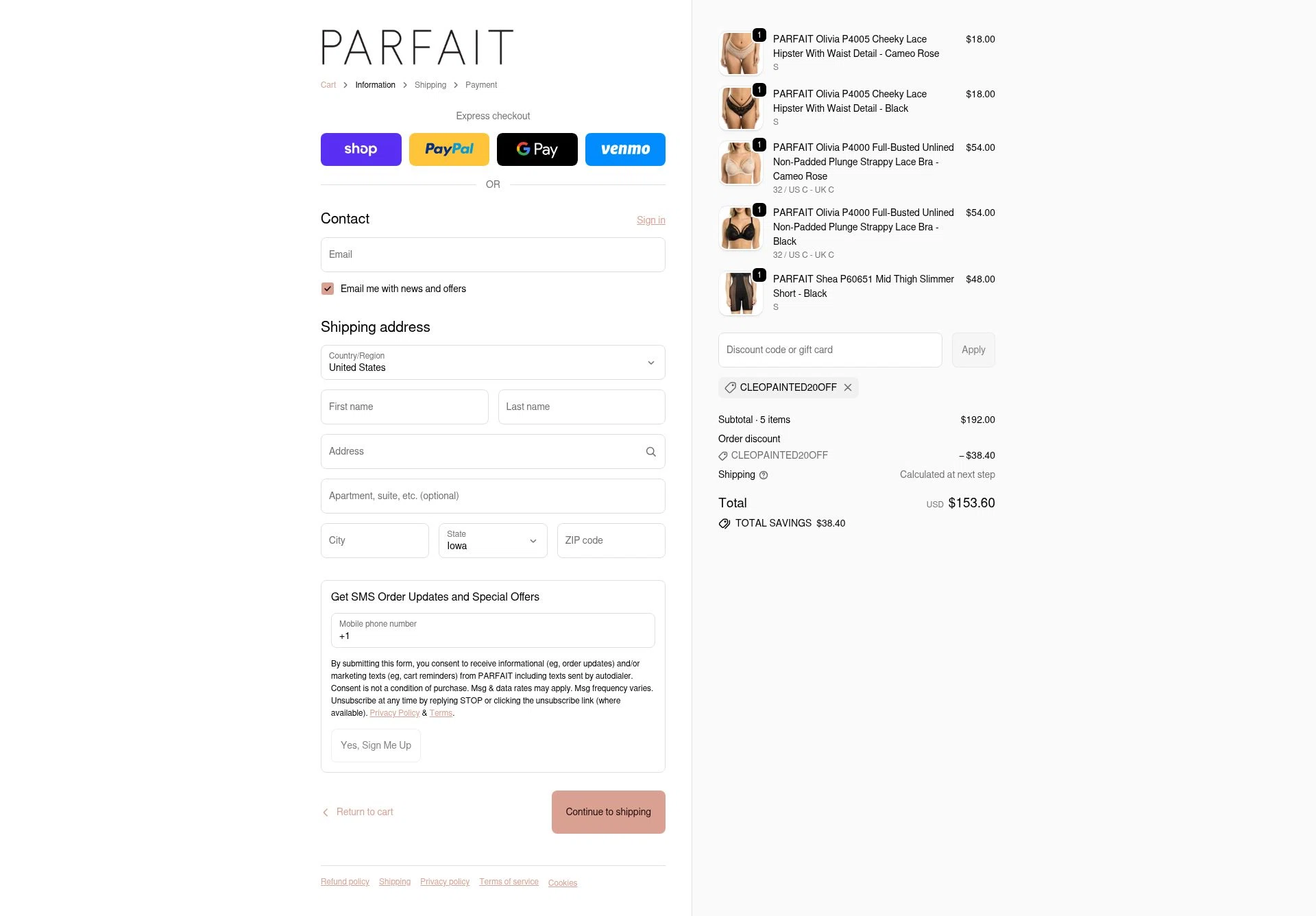 Parfait Lingerie checkout page showing Parfait Lingerie promo code box | Screenshot taken by SimplyCodes community member on Dec 29, 2025