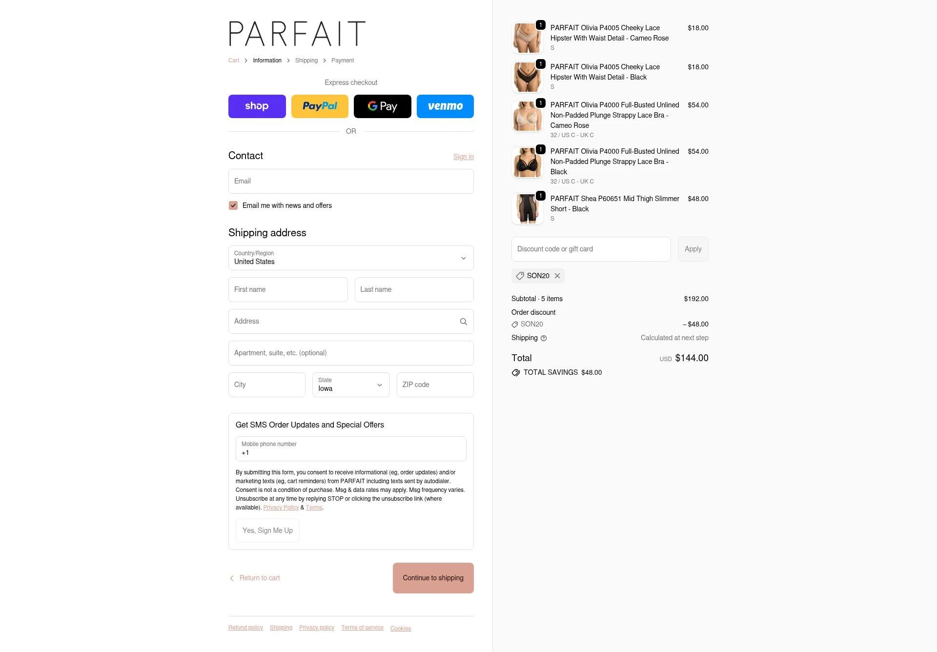 Parfait Lingerie checkout page showing Parfait Lingerie promo code box | Screenshot taken by SimplyCodes community member on Dec 29, 2025