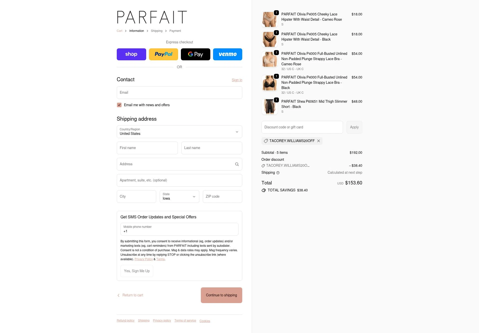 Parfait Lingerie checkout page showing Parfait Lingerie promo code box | Screenshot taken by SimplyCodes community member on Dec 29, 2025