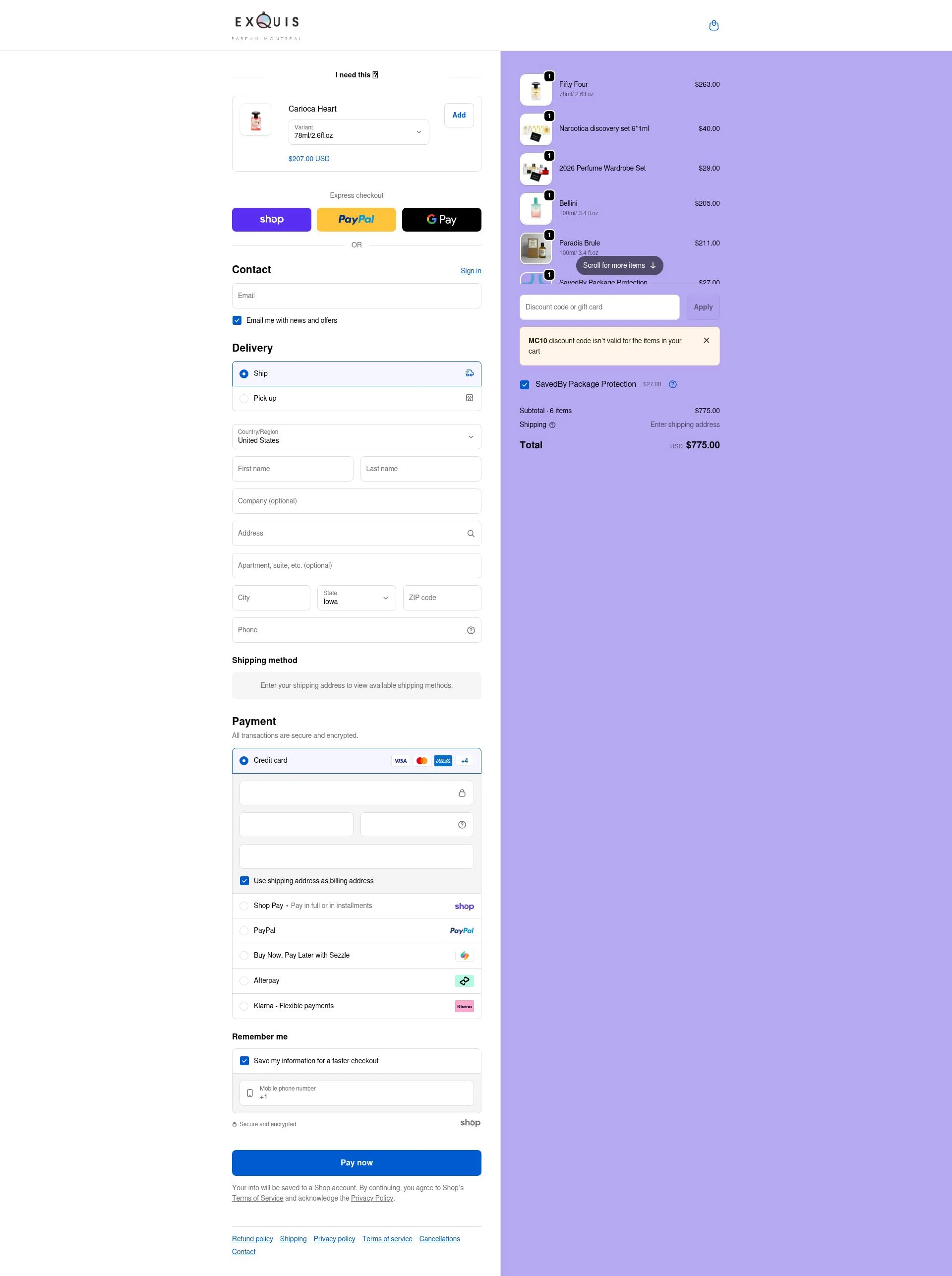 Parfum Exquis checkout page showing Parfum Exquis discount code box | Screenshot taken by SimplyCodes community member on Jan 26, 2026