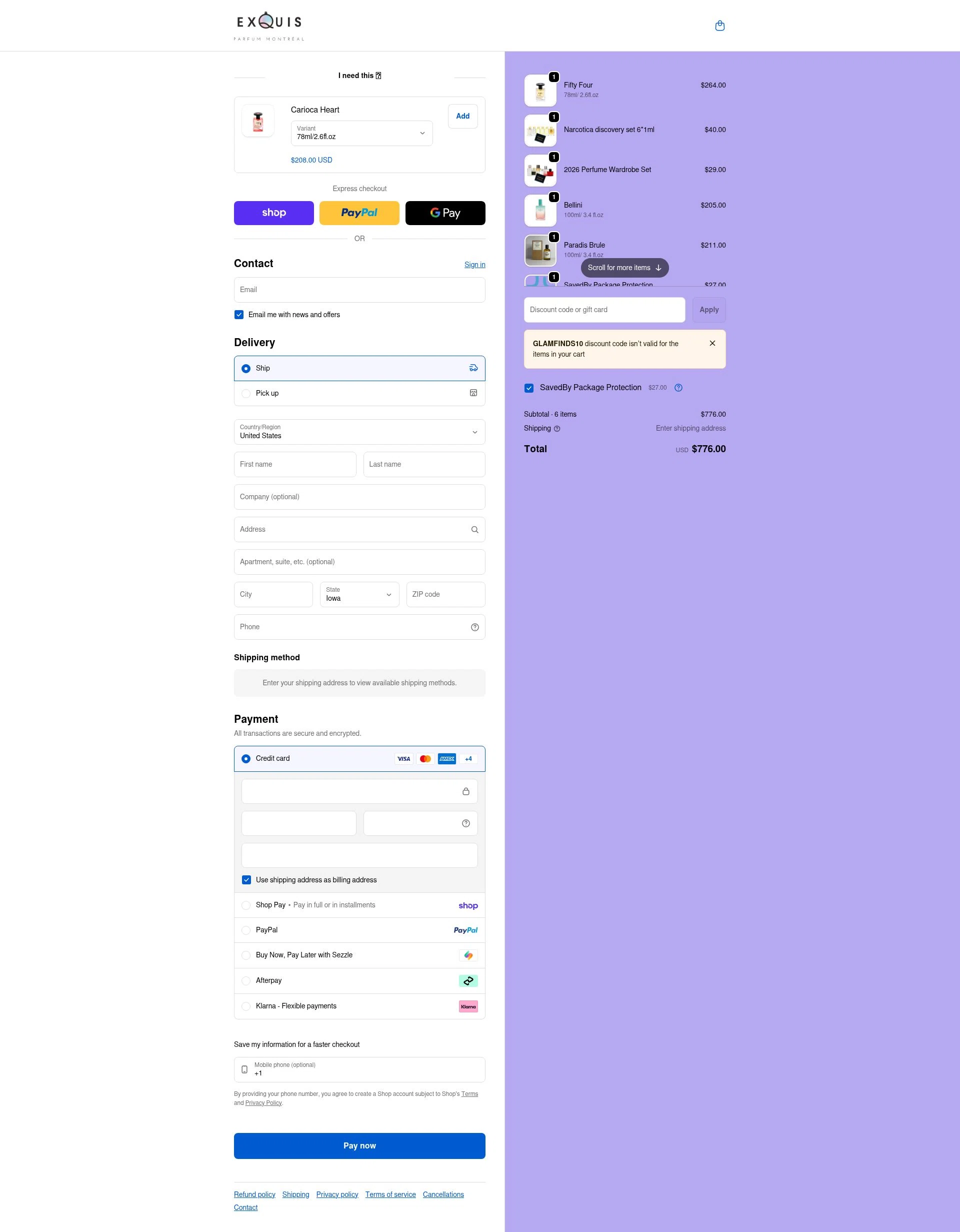 Parfum Exquis checkout page showing Parfum Exquis discount code box | Screenshot taken by SimplyCodes community member on Feb 4, 2026