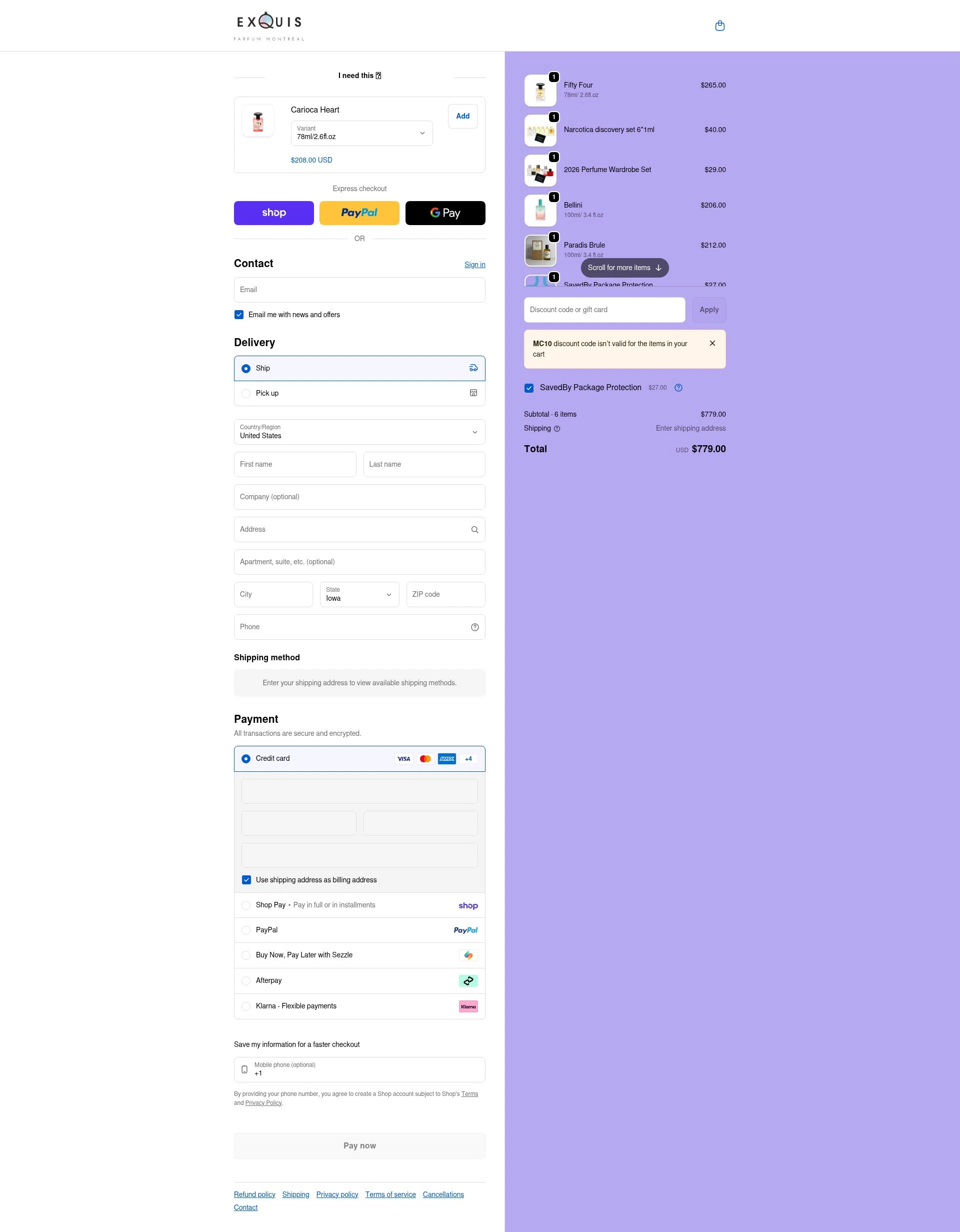 Parfum Exquis checkout page showing Parfum Exquis discount code box | Screenshot taken by SimplyCodes community member on Jan 31, 2026