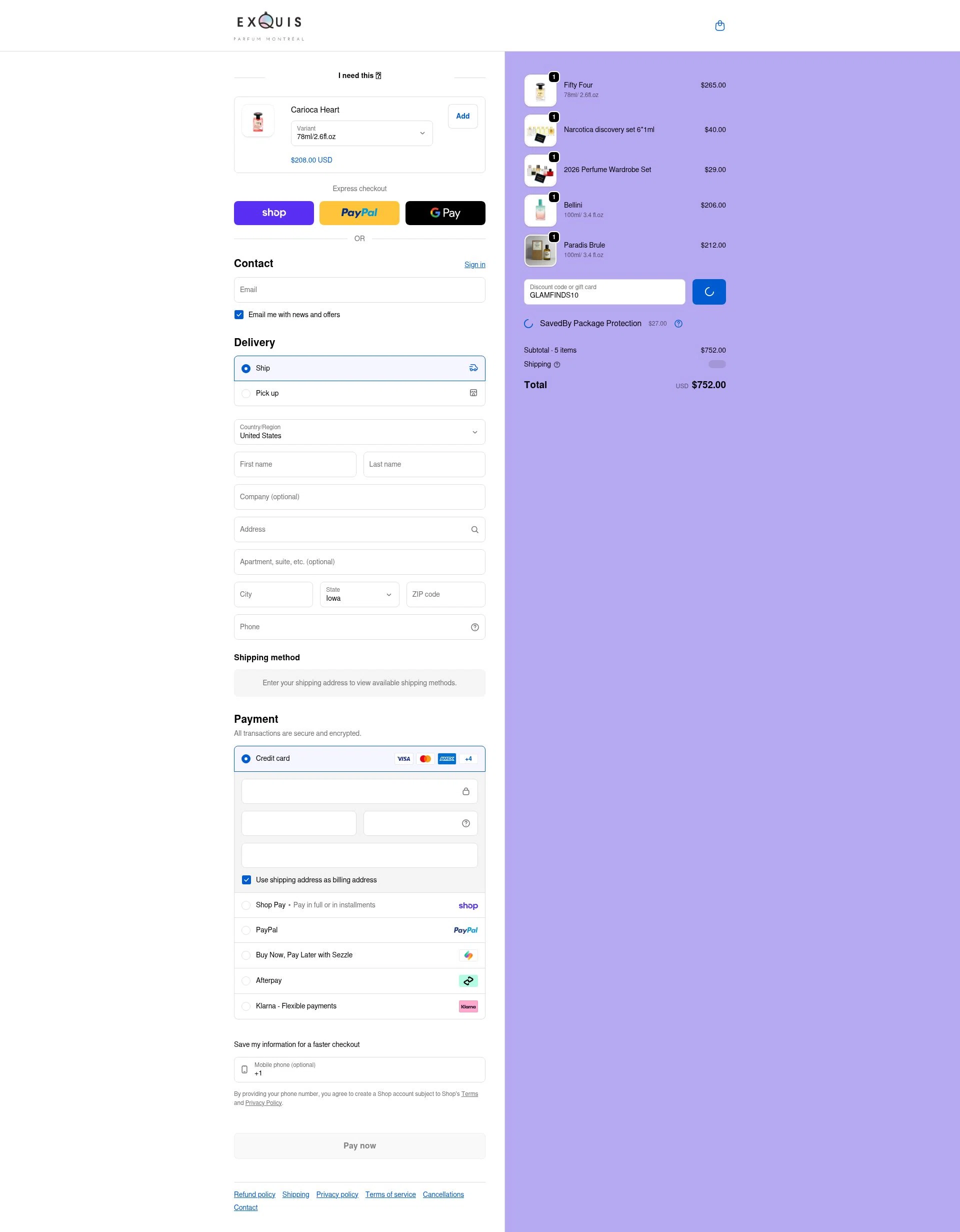 Parfum Exquis checkout page showing Parfum Exquis discount code box | Screenshot taken by SimplyCodes community member on Jan 31, 2026