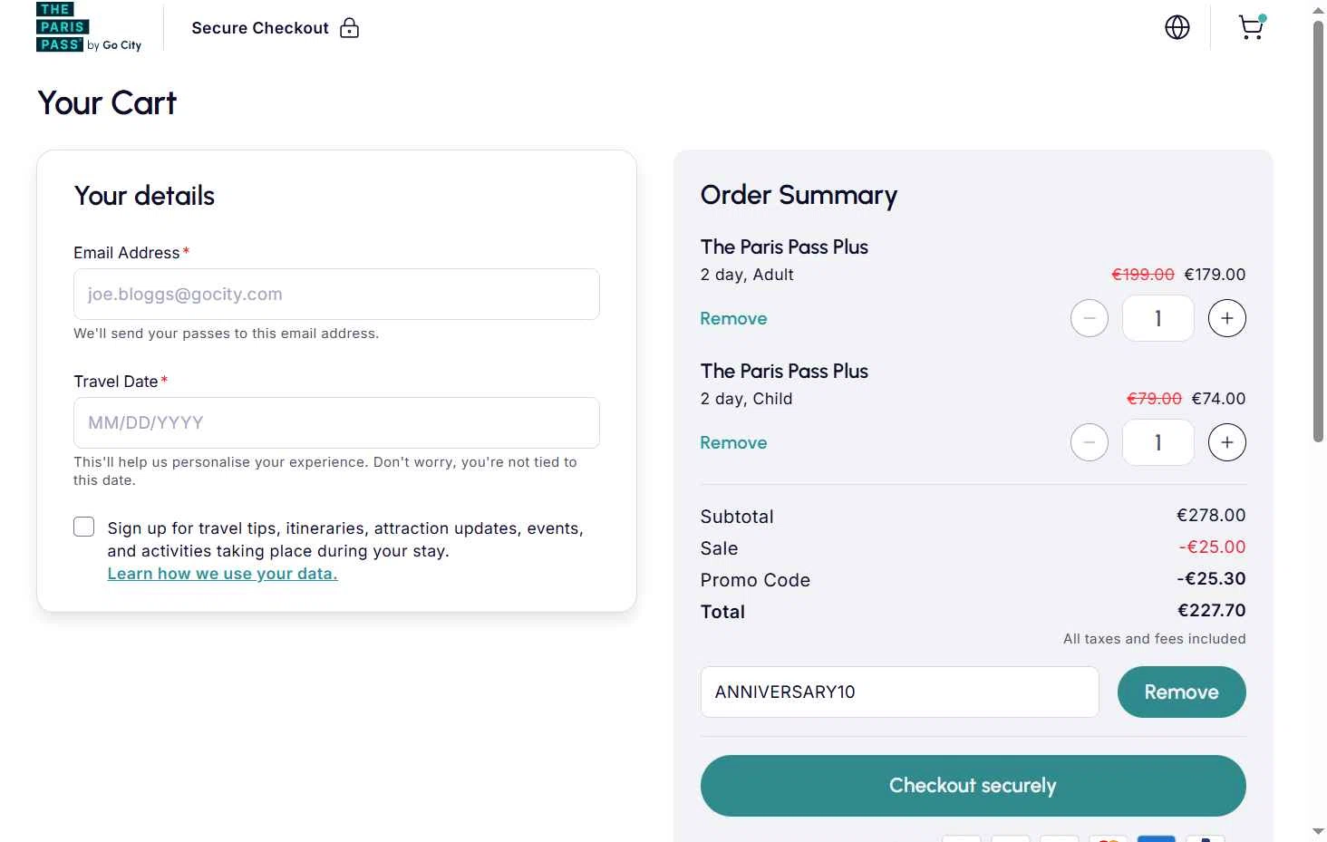 Paris Pass checkout page showing Paris Pass promo code box | Screenshot taken by SimplyCodes community member on Nov 1, 2025