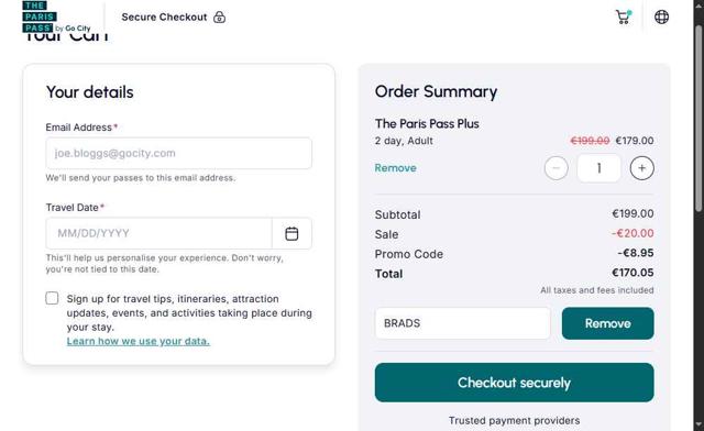 Paris Pass checkout page showing Paris Pass promo code box | Screenshot taken by SimplyCodes community member on Aug 30, 2025