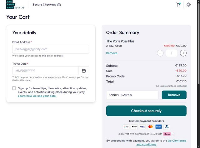 Paris Pass checkout page showing Paris Pass promo code box | Screenshot taken by SimplyCodes community member on Aug 16, 2025