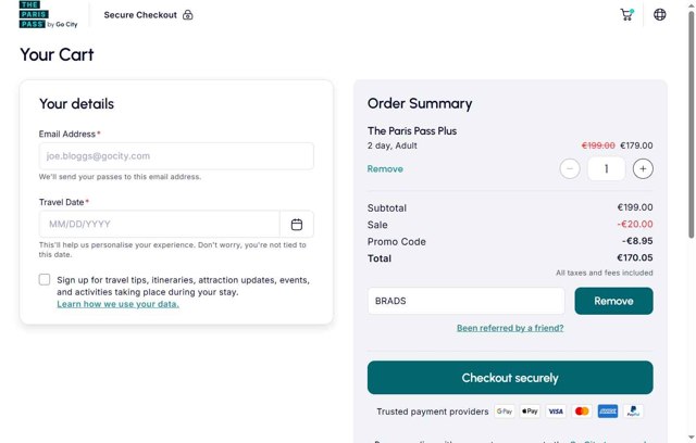 Paris Pass checkout page showing Paris Pass promo code box | Screenshot taken by SimplyCodes community member on Aug 1, 2025
