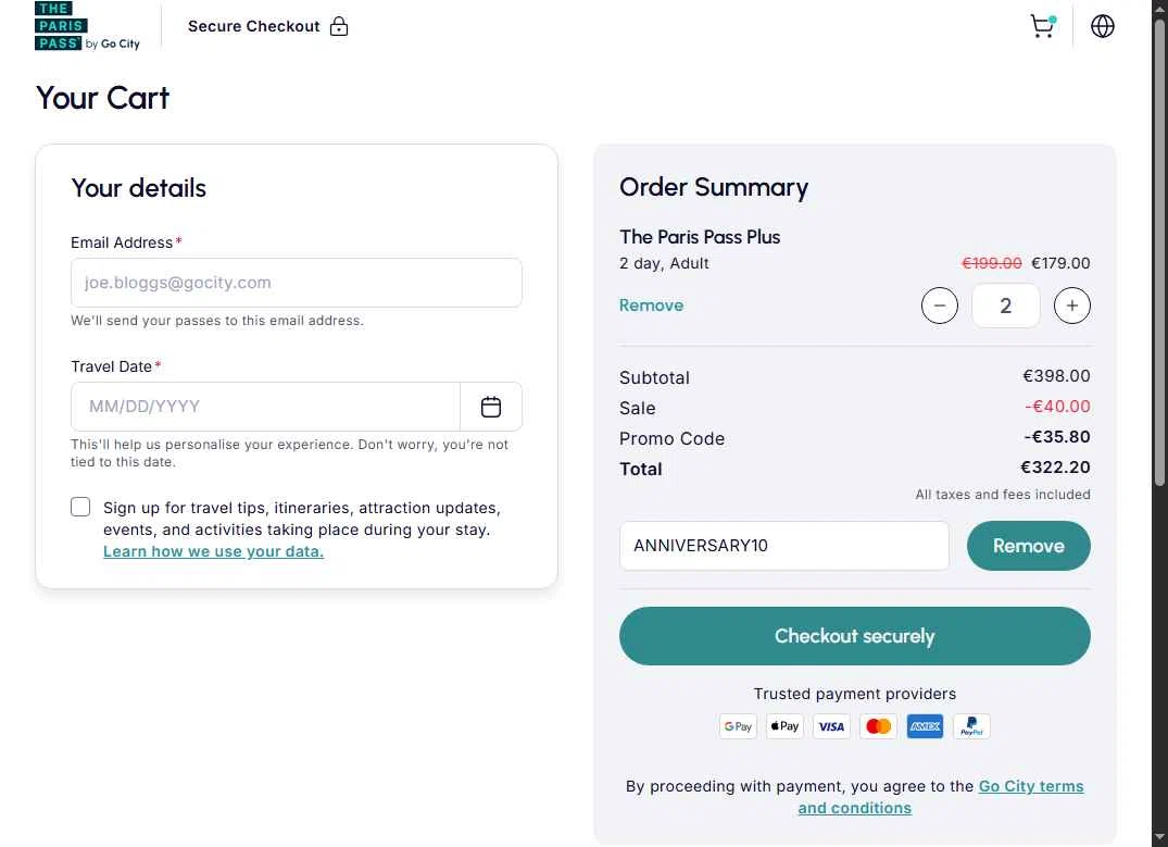 Paris Pass checkout page showing Paris Pass promo code box | Screenshot taken by SimplyCodes community member on Oct 3, 2025